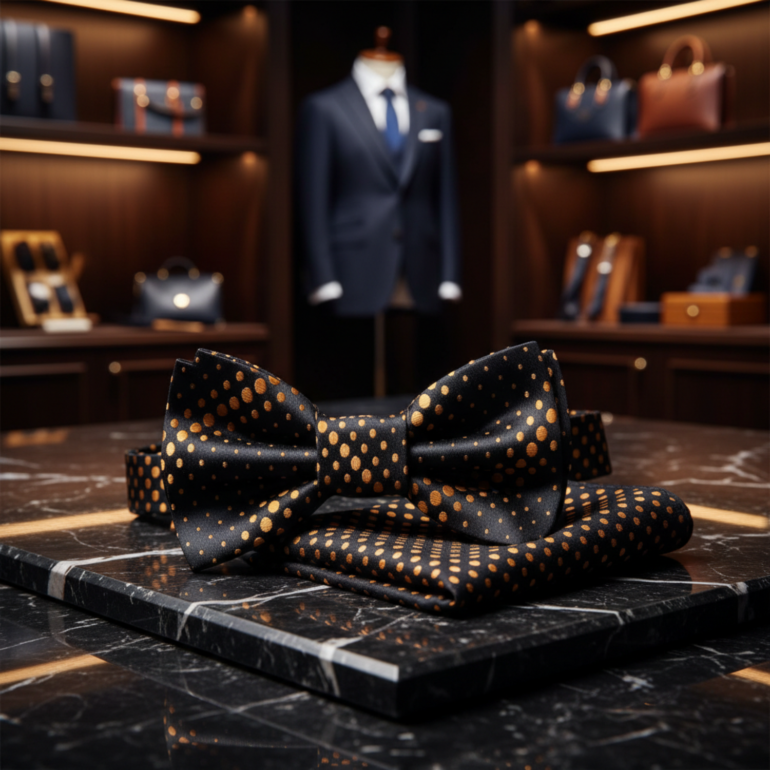 Black, Gold Geometric Dots Bow Tie and Pocket Square||Gold