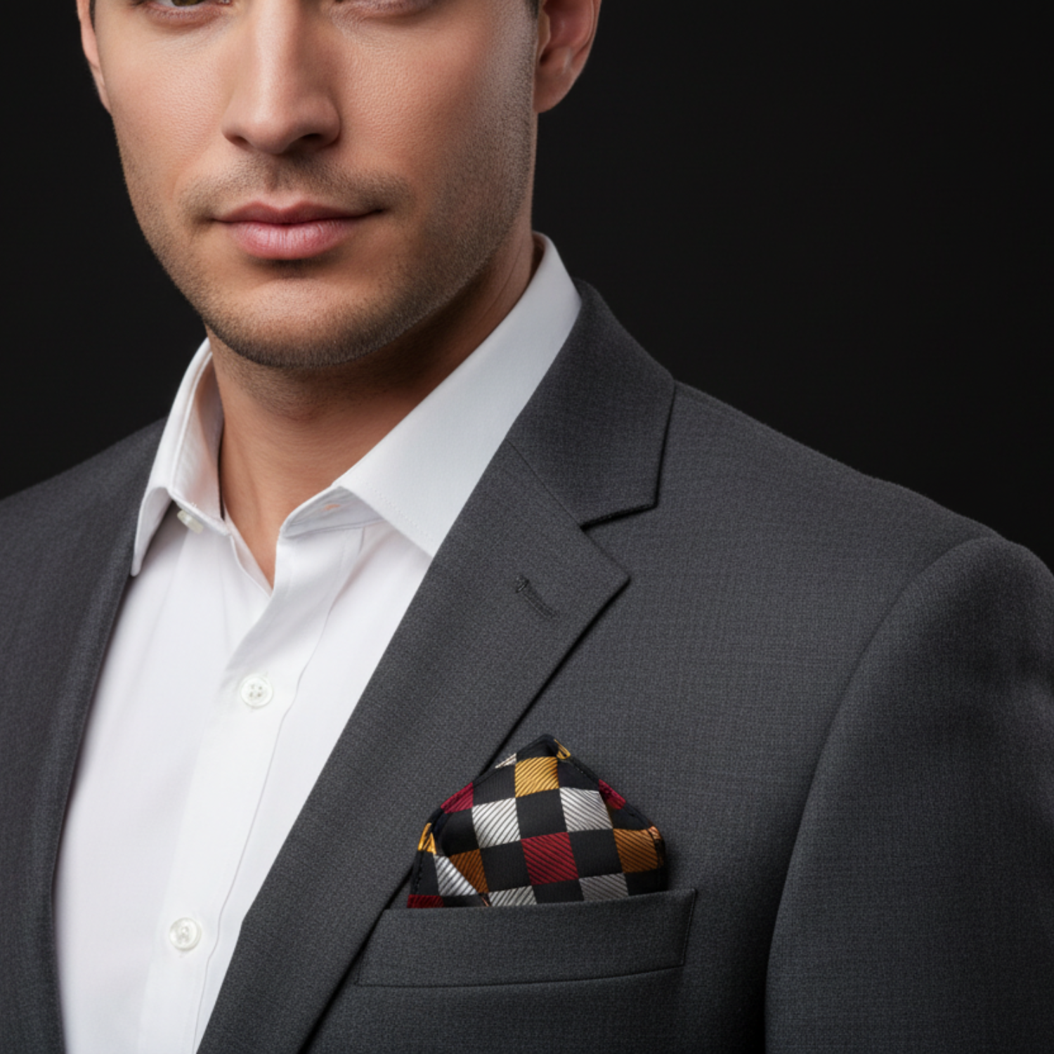 Man wearing a gray suit with a checkered pocket square on a black background