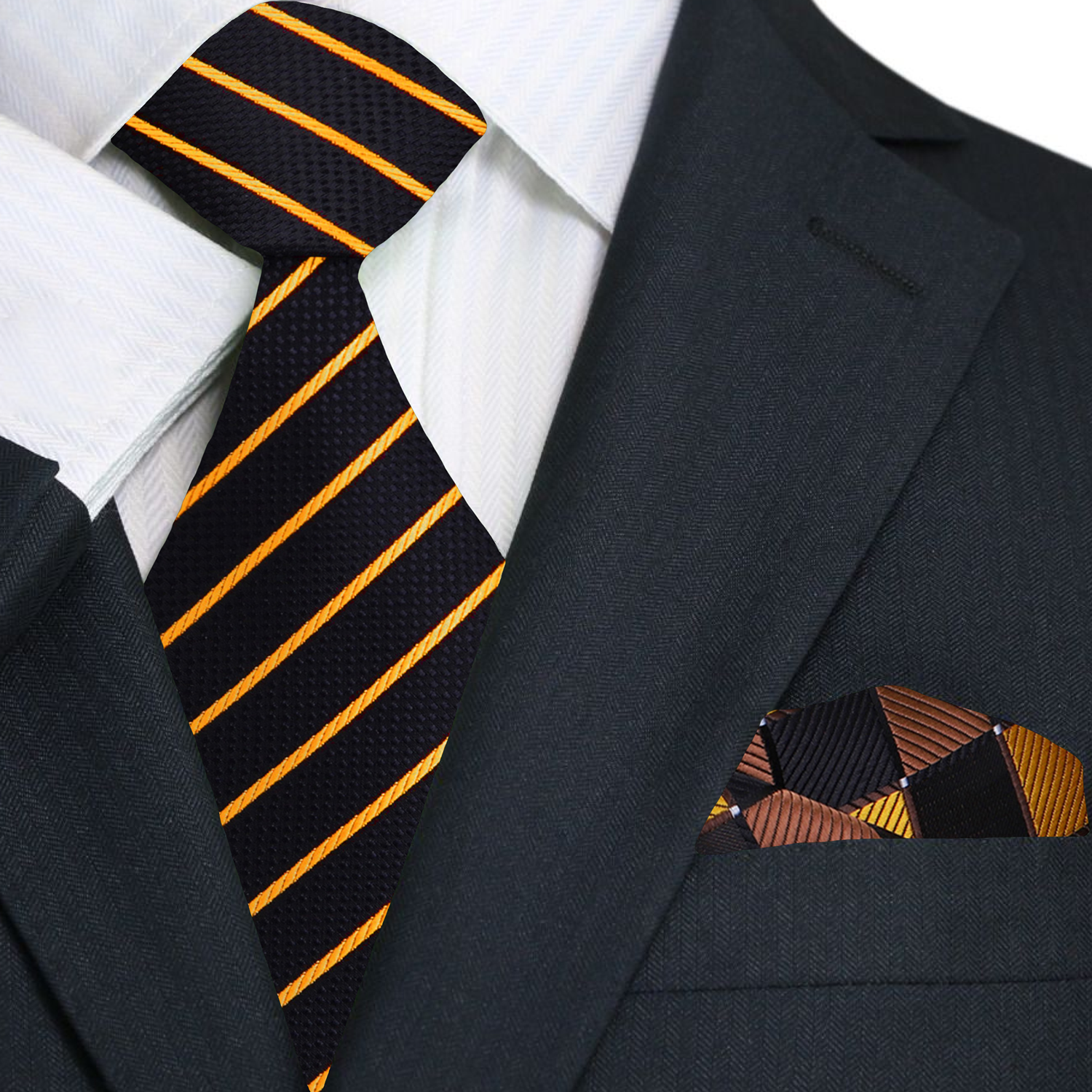 Black and Gold Stripe Necktie and Accenting Square