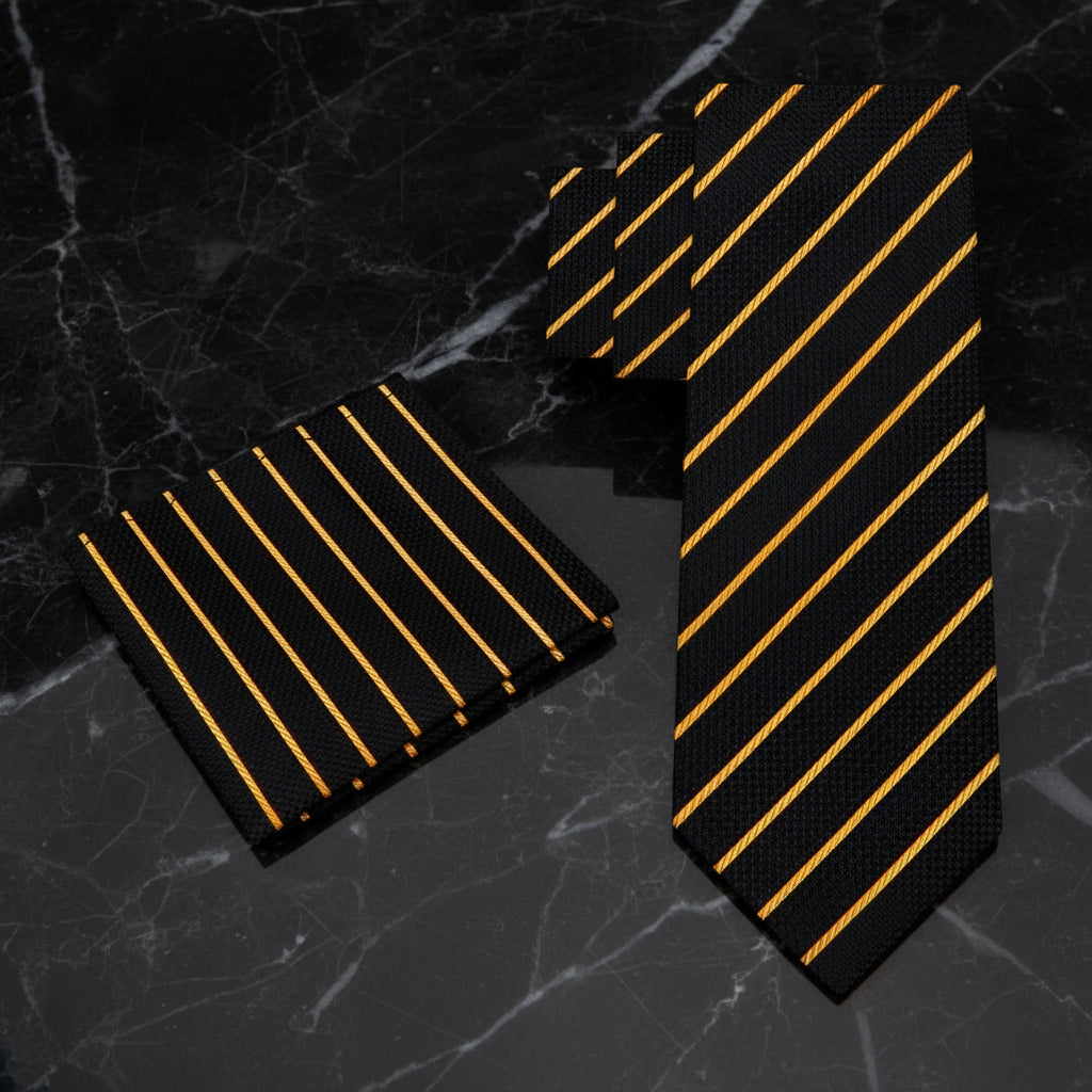 Alt View: A Black, Gold Stripe Pattern  Necktie, Matching Pocket Square