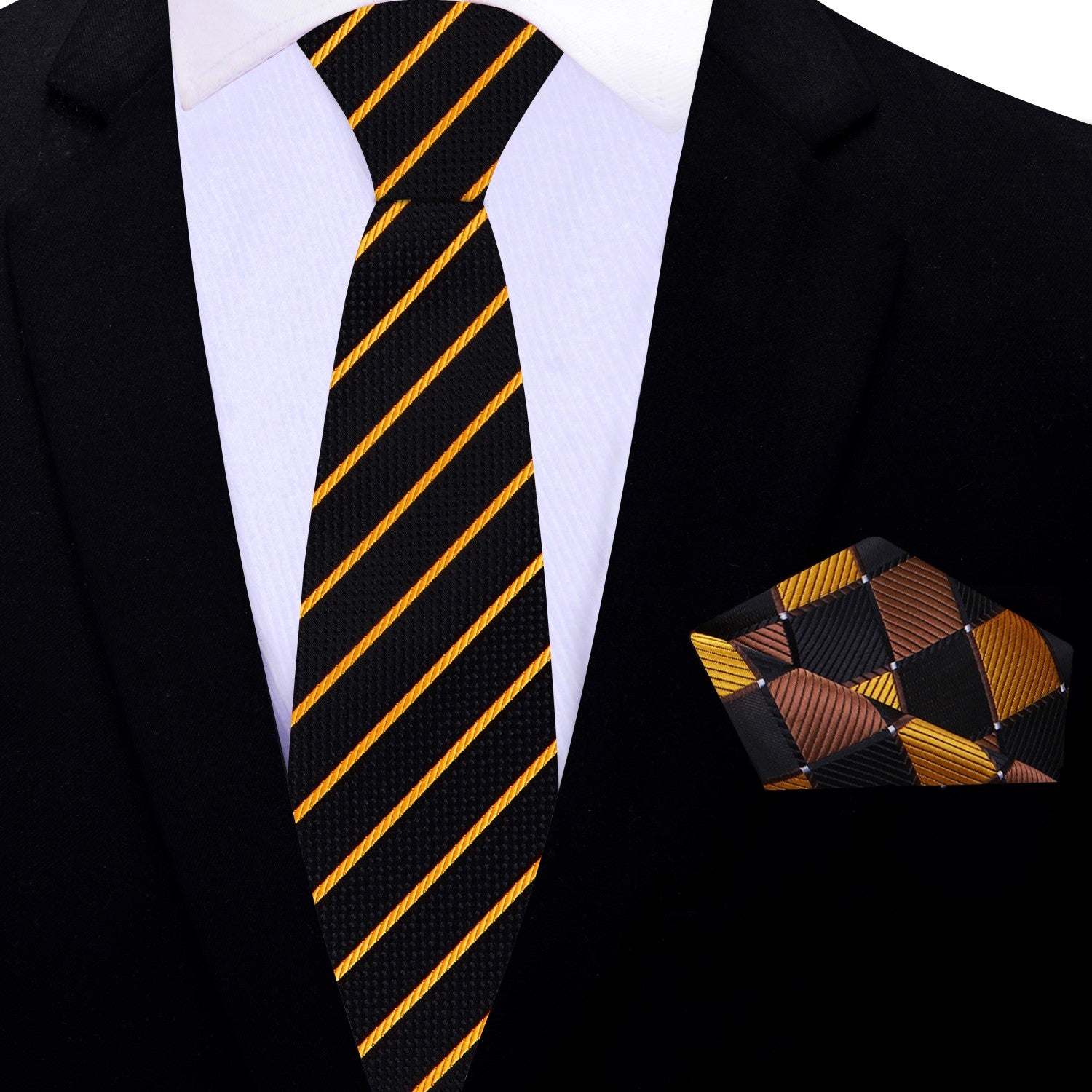 Thin Black and Gold Stripe Necktie and Accenting Square