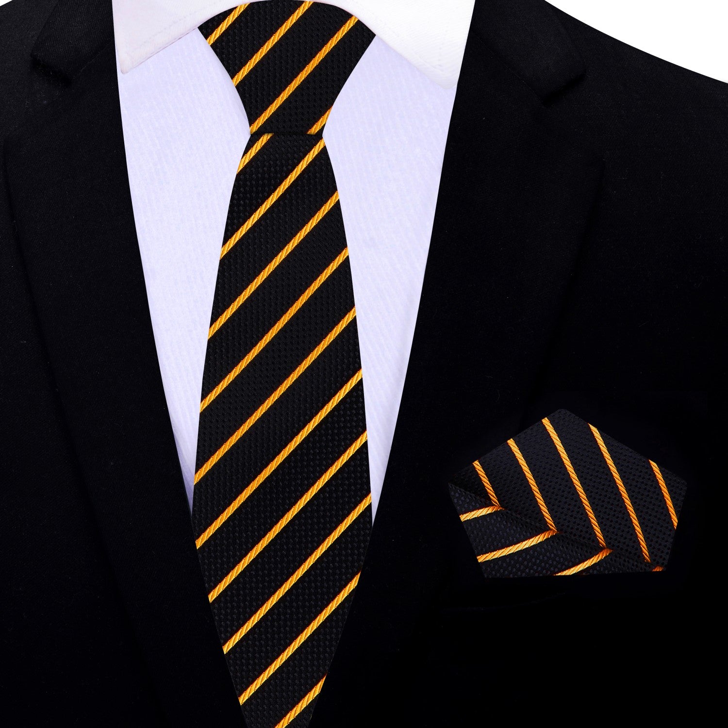 Black and Gold Stripe Thin Necktie and Square