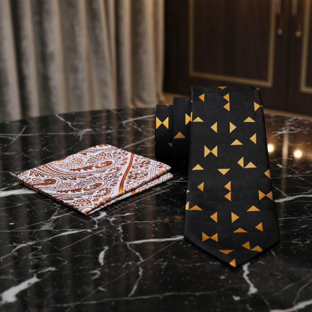 Alt View: Black Golden Orange Triangles with Accenting Paisley Square