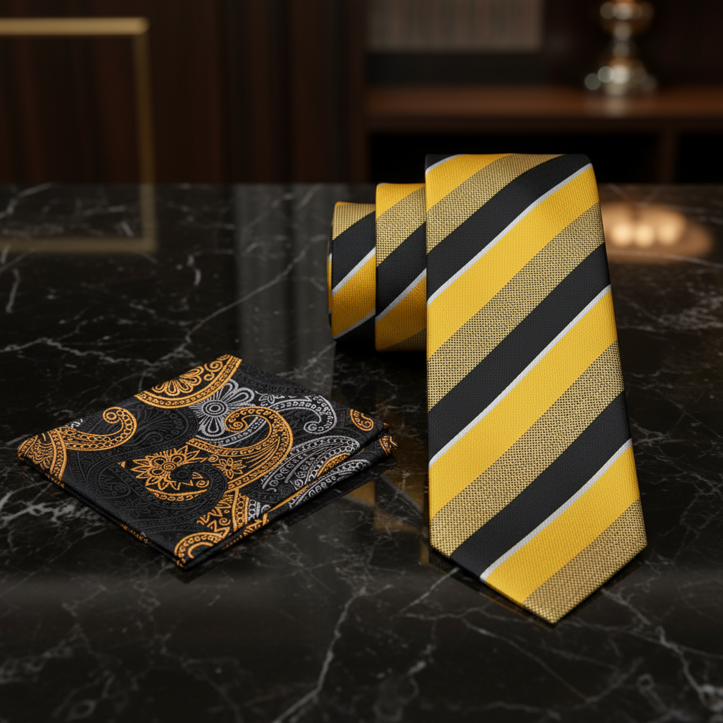 Alt Gold and Black Stripe necktie and Paisley Square