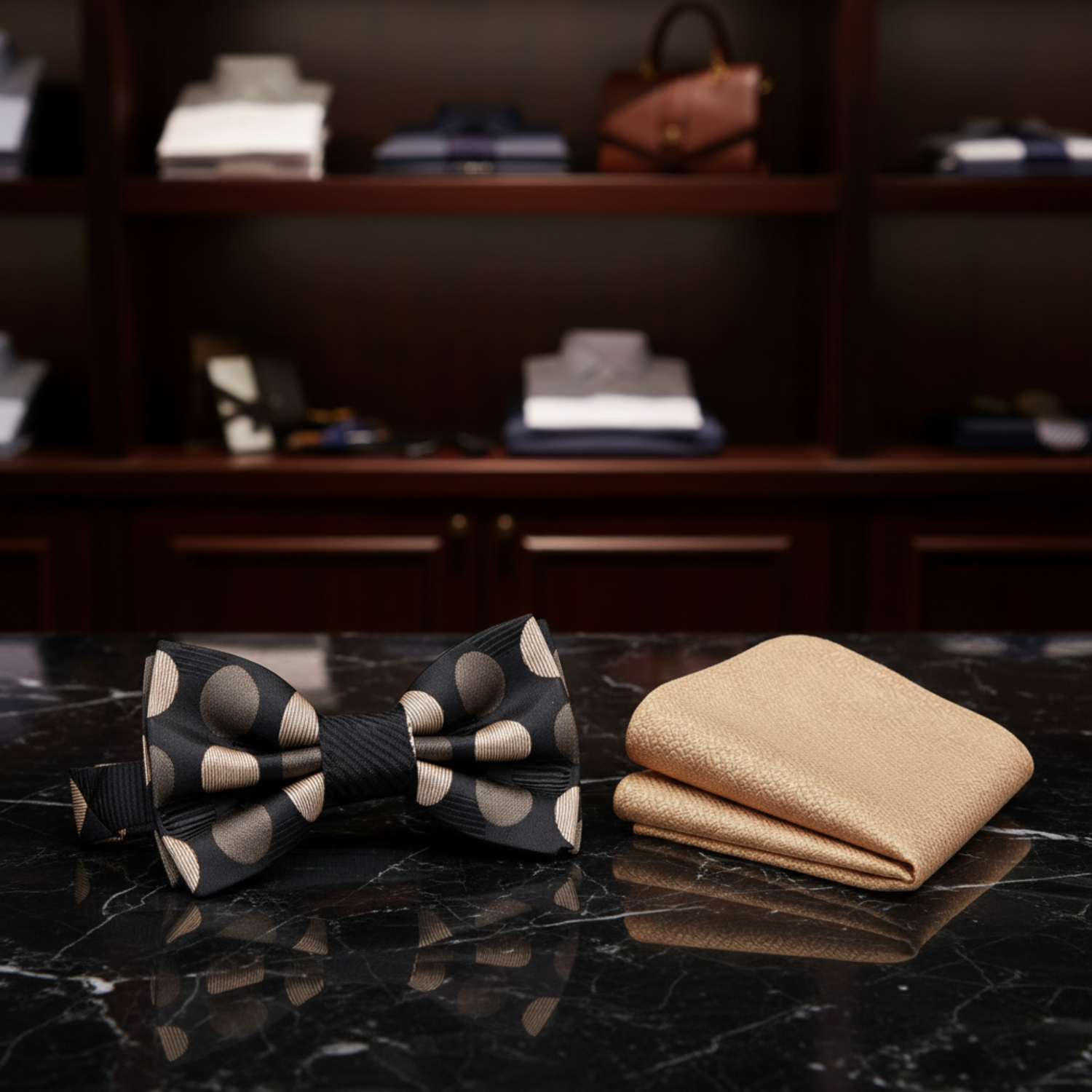 Black, Gold Polka Bow Tie and Gold Pocket Square