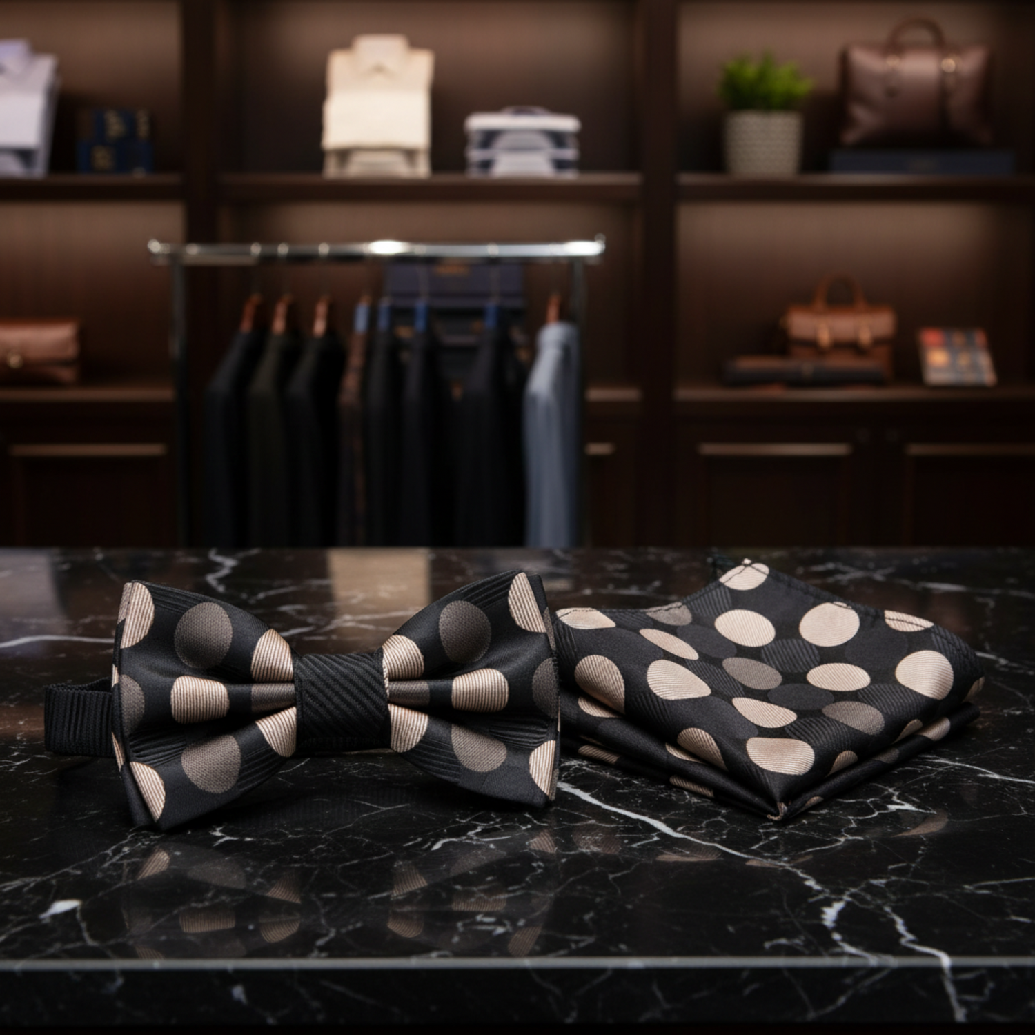Black, Gold Polka Bow Tie and Pocket Square