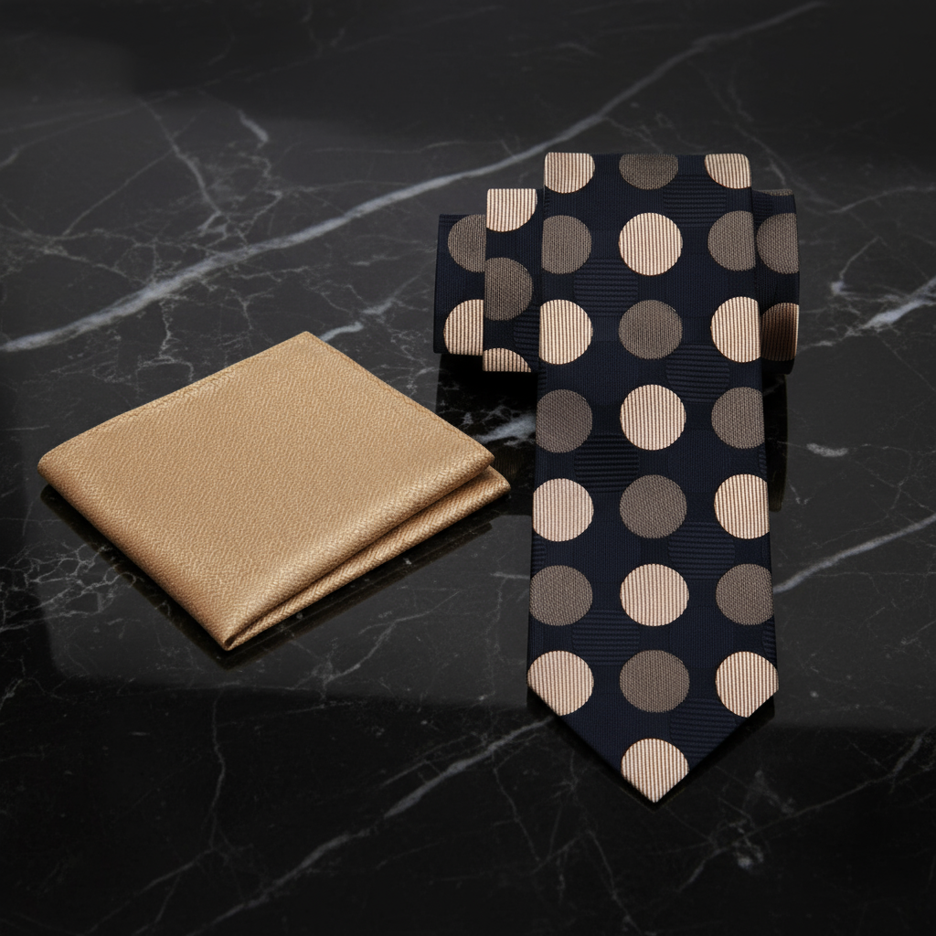 Beige pocket square and black tie with beige polka dots on a white background