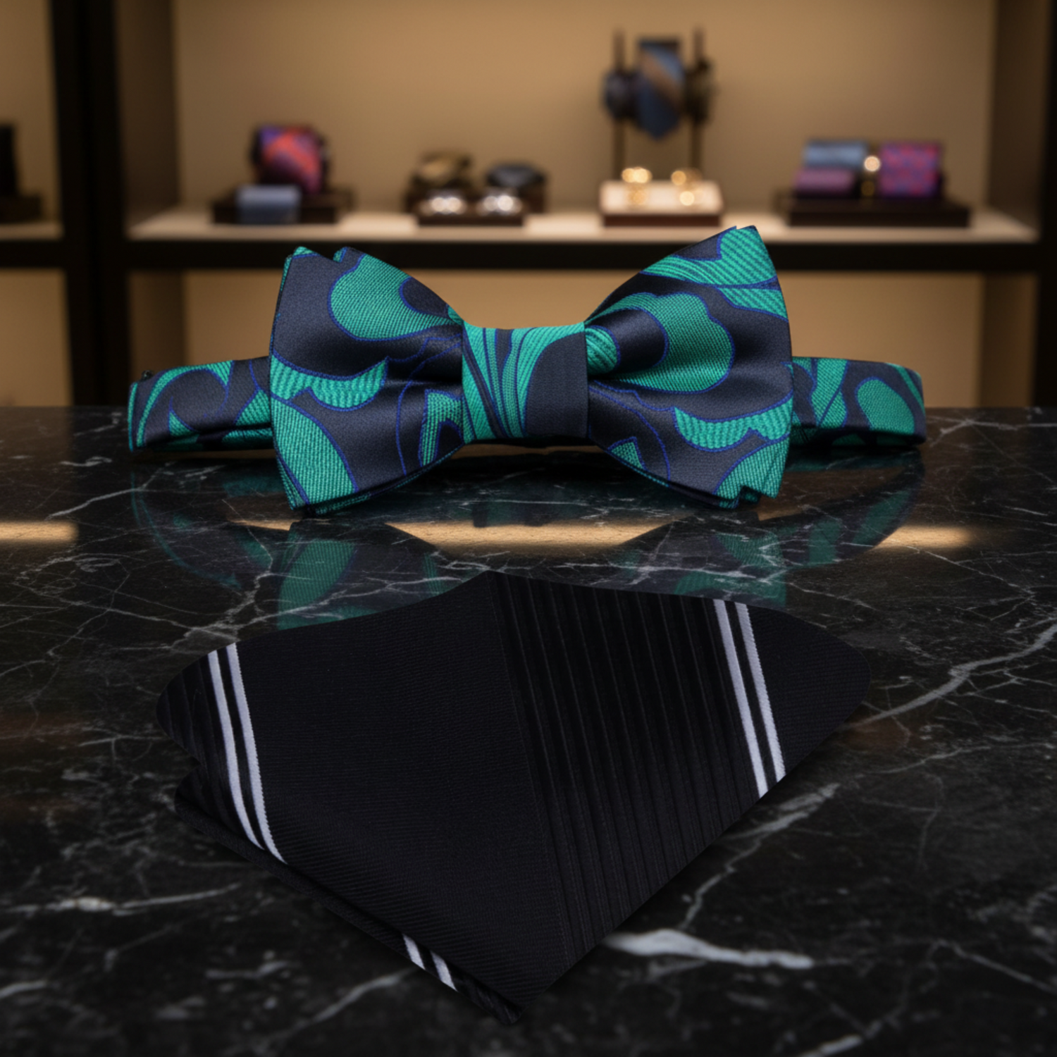 Black, Green Abstract Bow Tie and Black, White Square