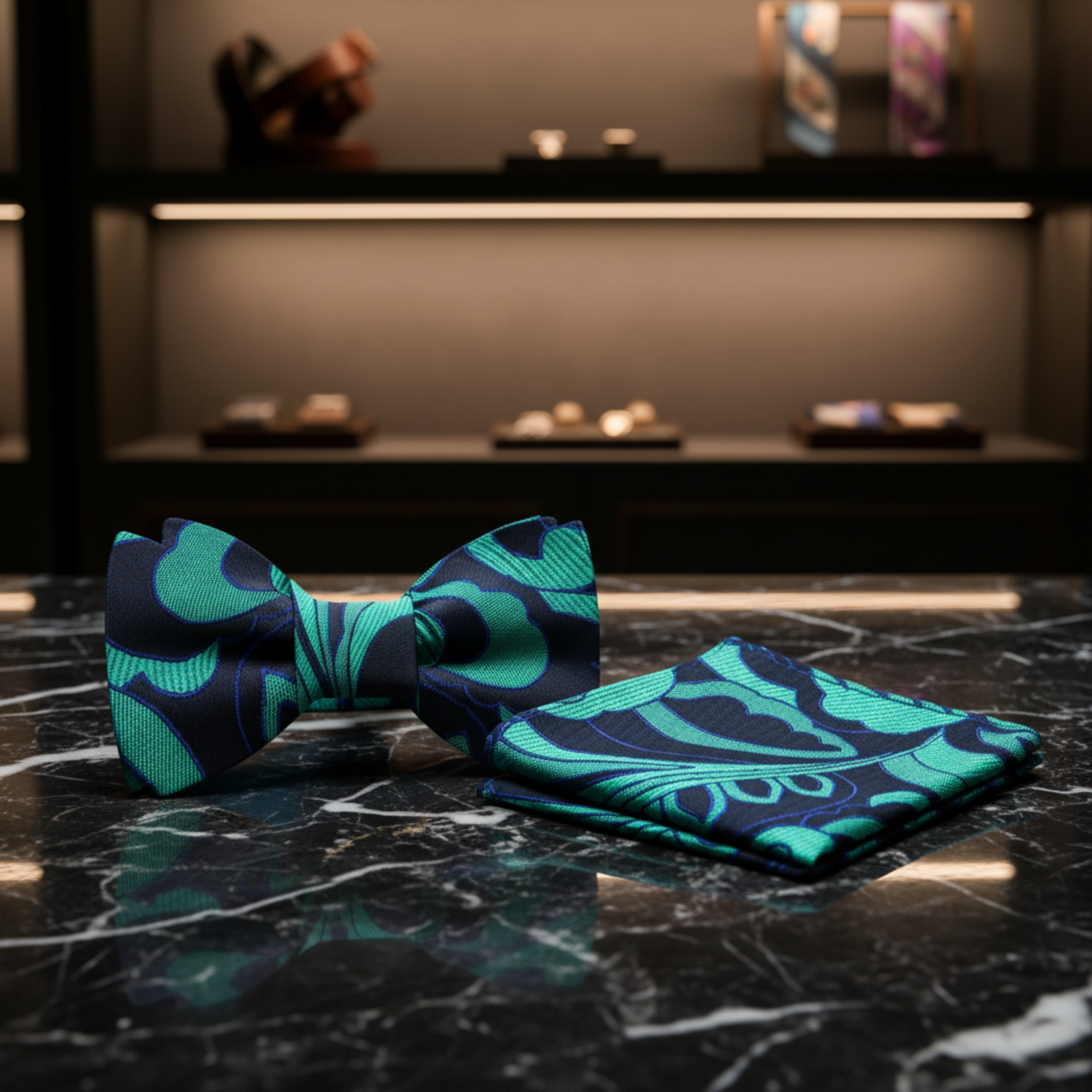 Black, Green Abstract Bow Tie and Matching Square