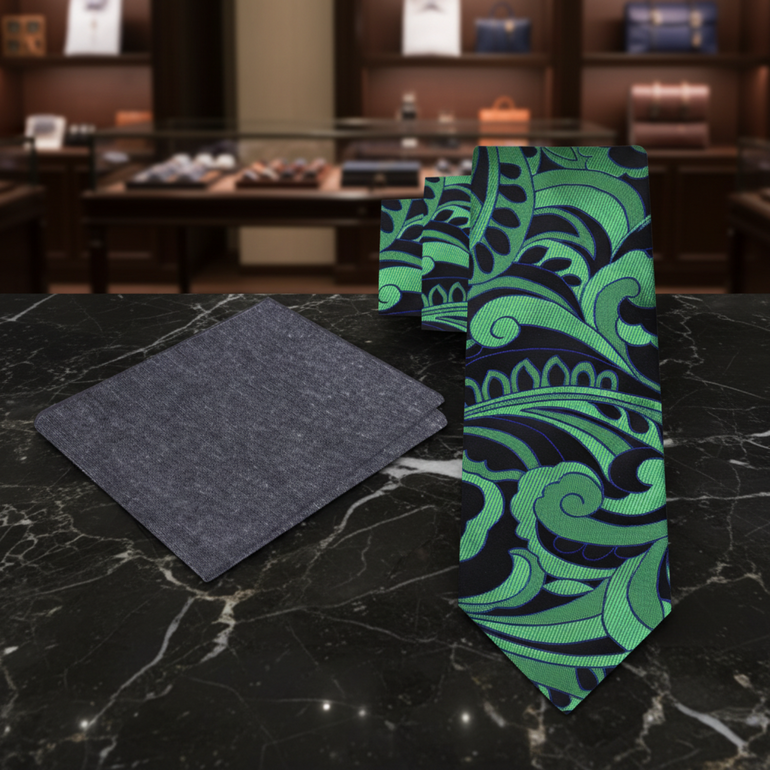 Alt Black Green Abstract Paisley Necktie and Linen Square