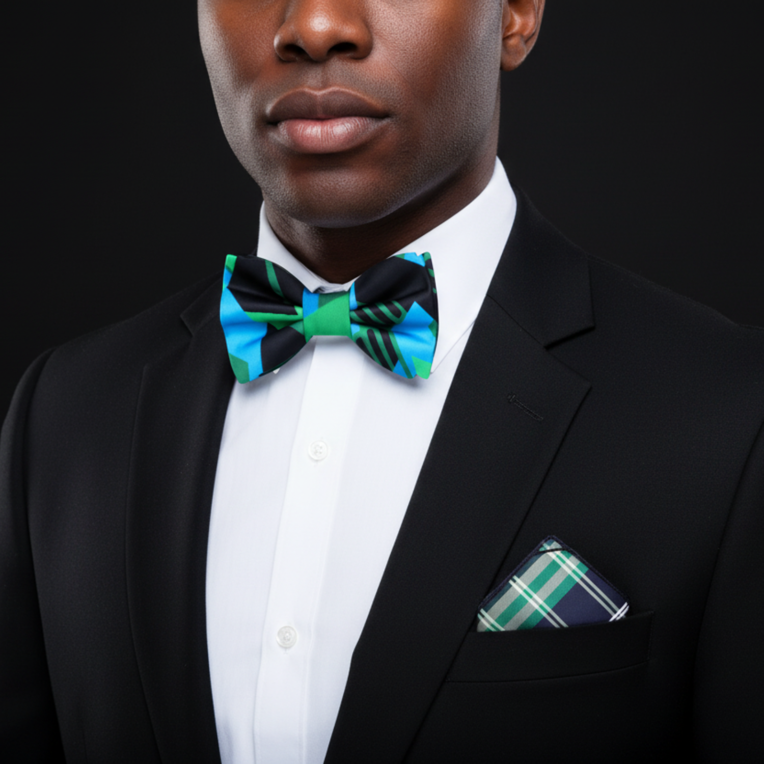 Green, Black, Blue Abstract Bow Tie and Accenting Square