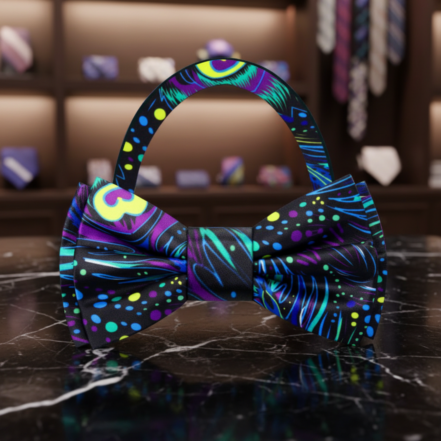 Black, Purple, Aqua, Blue Peacock Bow Tie Pre Tied