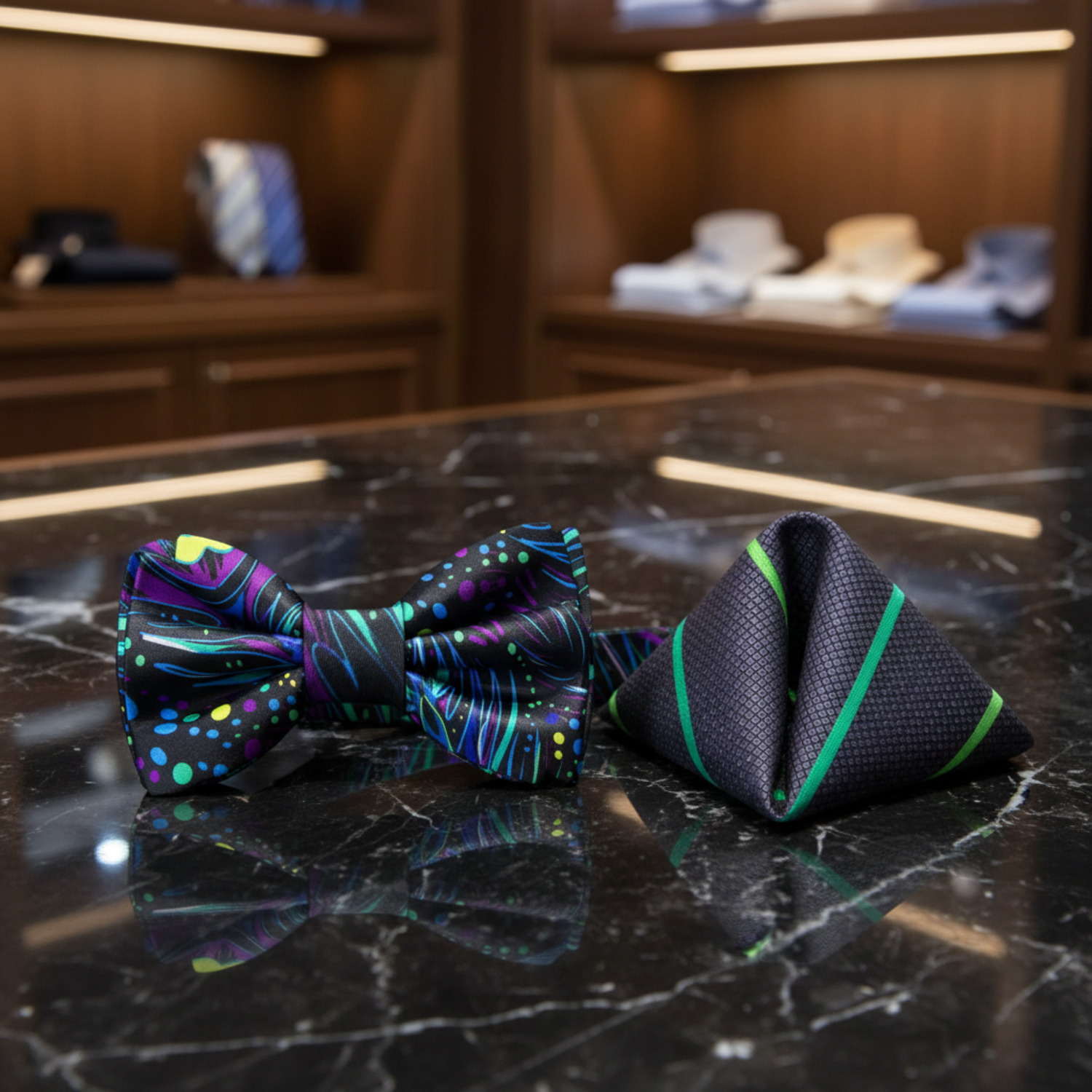Black, Purple, Aqua, Blue Peacock Bow Tie and Accenting Square