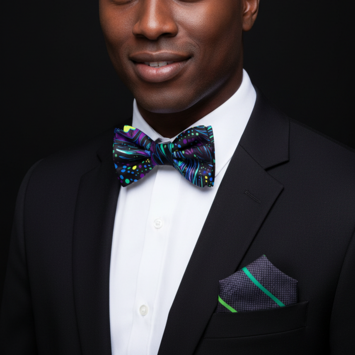 Man wearing a black suit with a colorful bow tie and matching pocket square on a black background