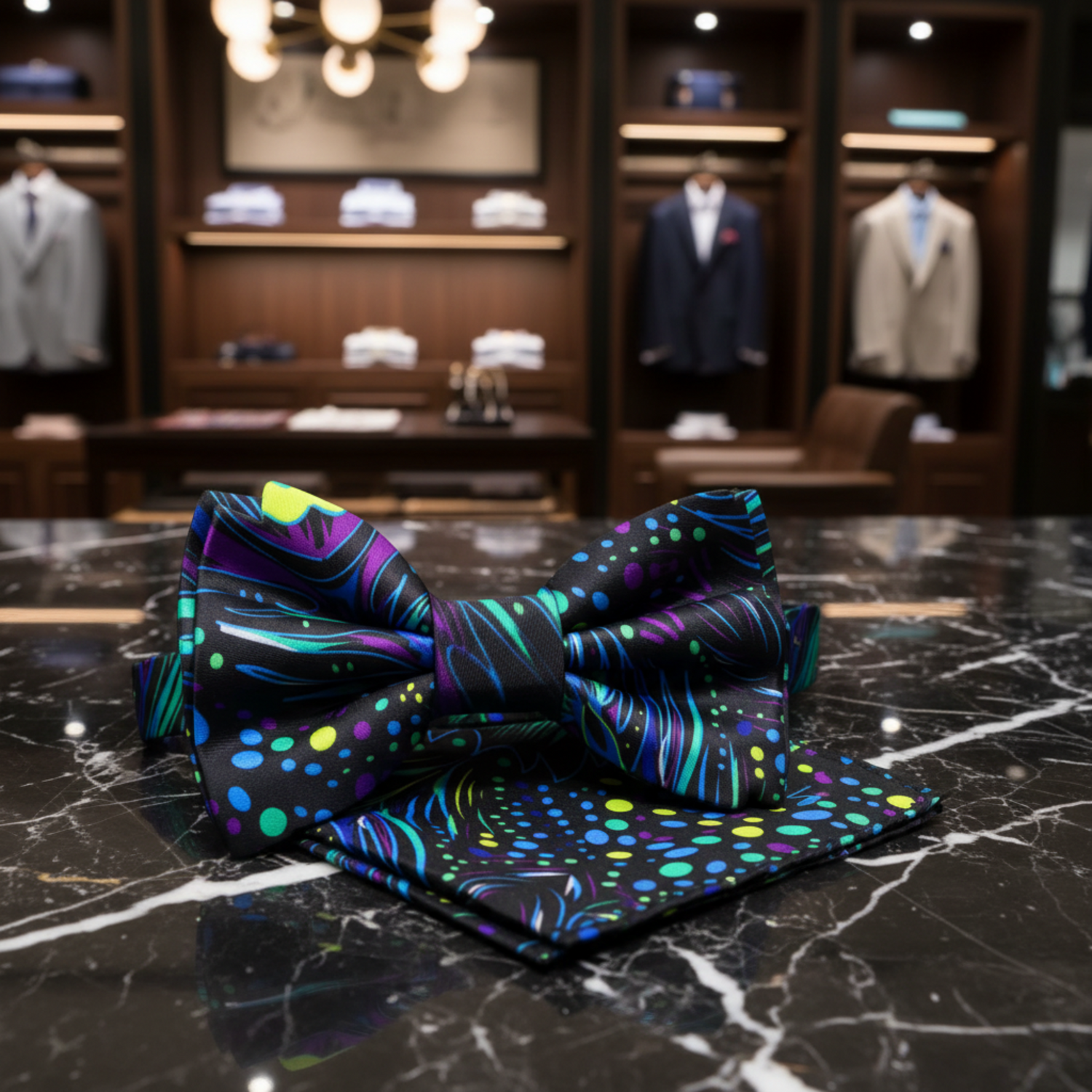Black, Purple, Aqua, Blue Peacock Bow Tie and Square