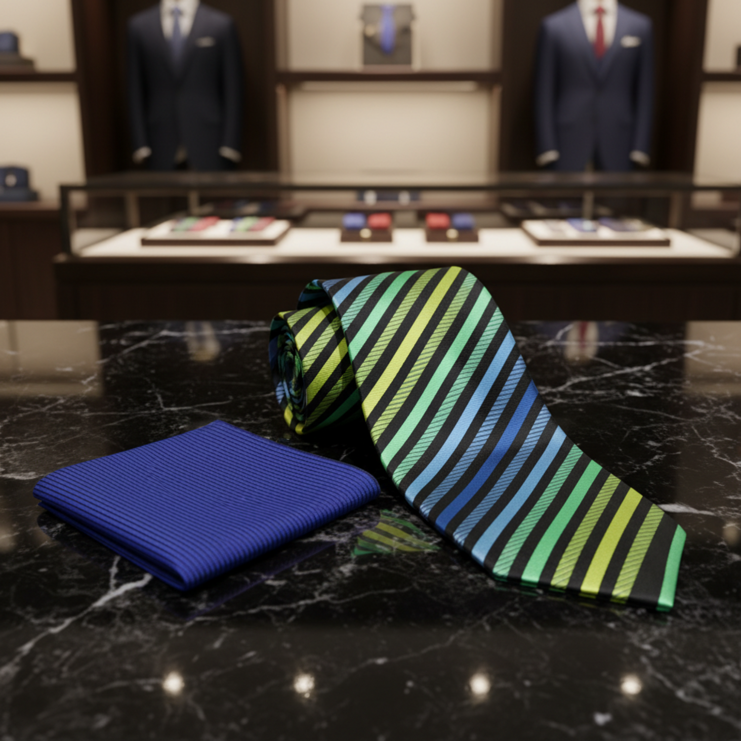 A men's necktie and matching pocket square set on a plain white background. The pocket square is solid royal blue with subtle vertical texture.
