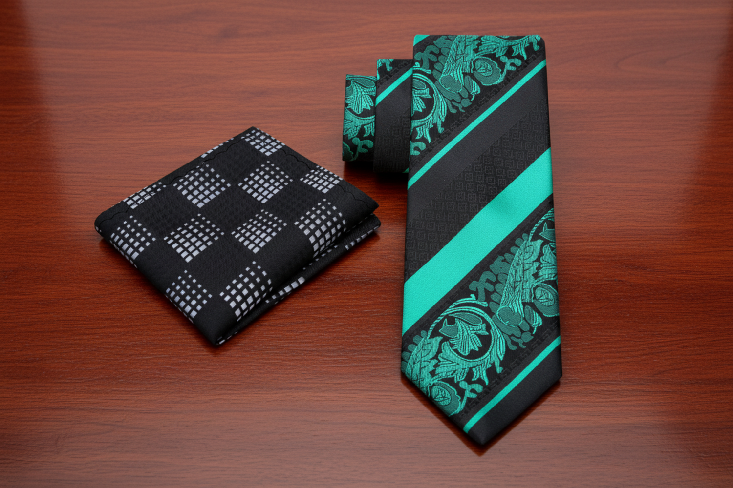 Alt: Black Green Cadenza Paisley Necktie and Accenting Black Grey Geometric Square