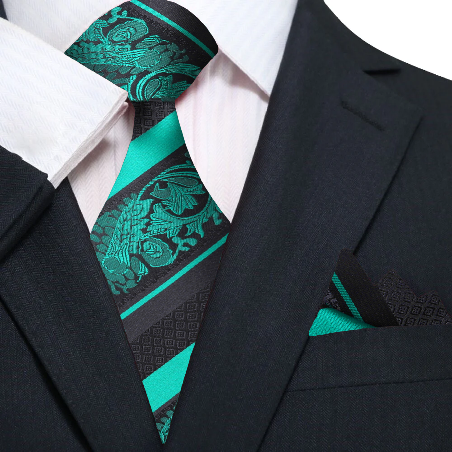 Black, Green Floral Tie and Matching Square