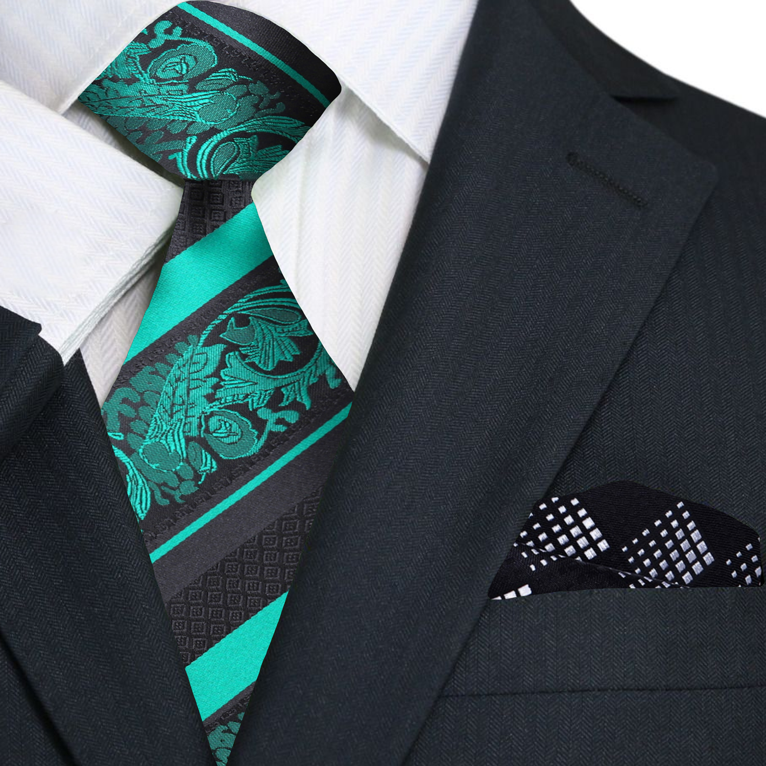 Black, Green Cadenza Paisley Necktie and Accenting Square