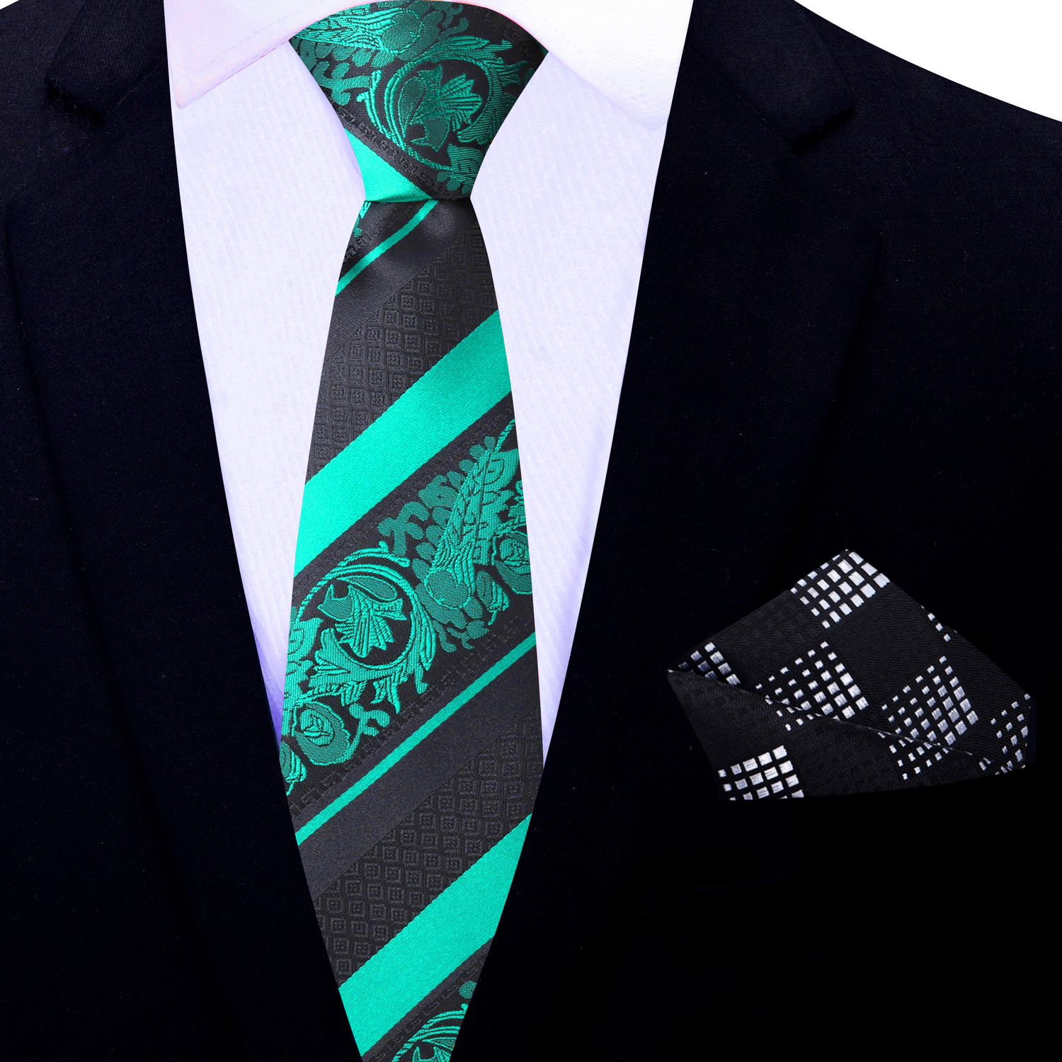 Thin: Black Green Cadenza Paisley Necktie and Accenting Black Grey Geometric Square