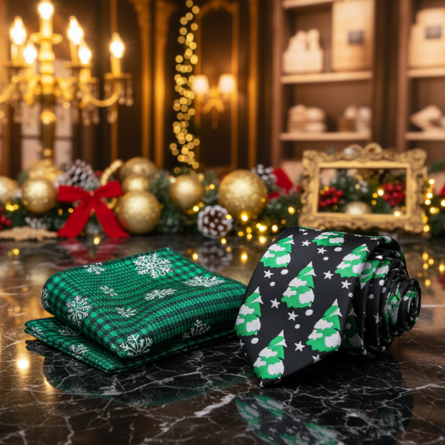 Alt: Black, Green, White Christmas Trees with Snow Necktie and Accenting Pocket Square