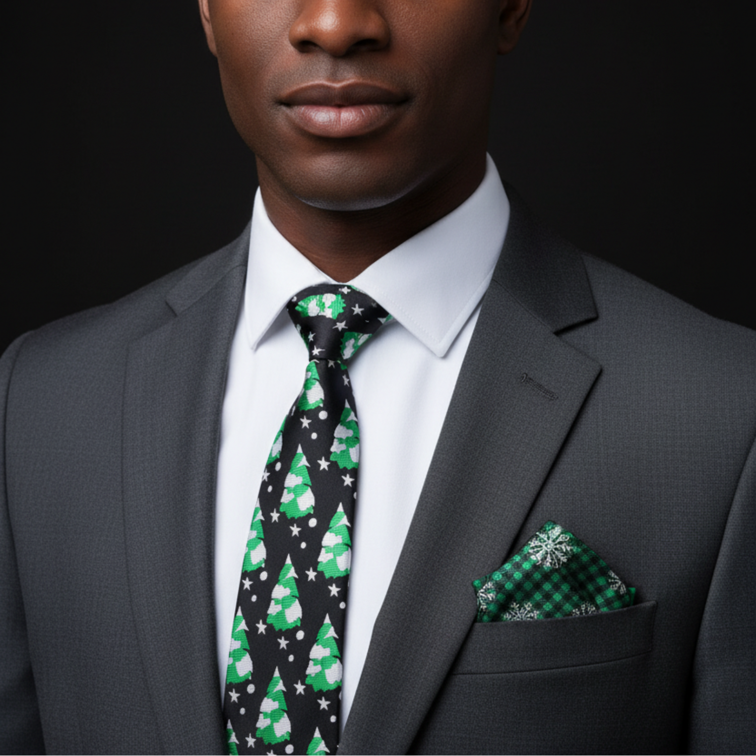 Black green and white Christmas tree snow tie and accenting square