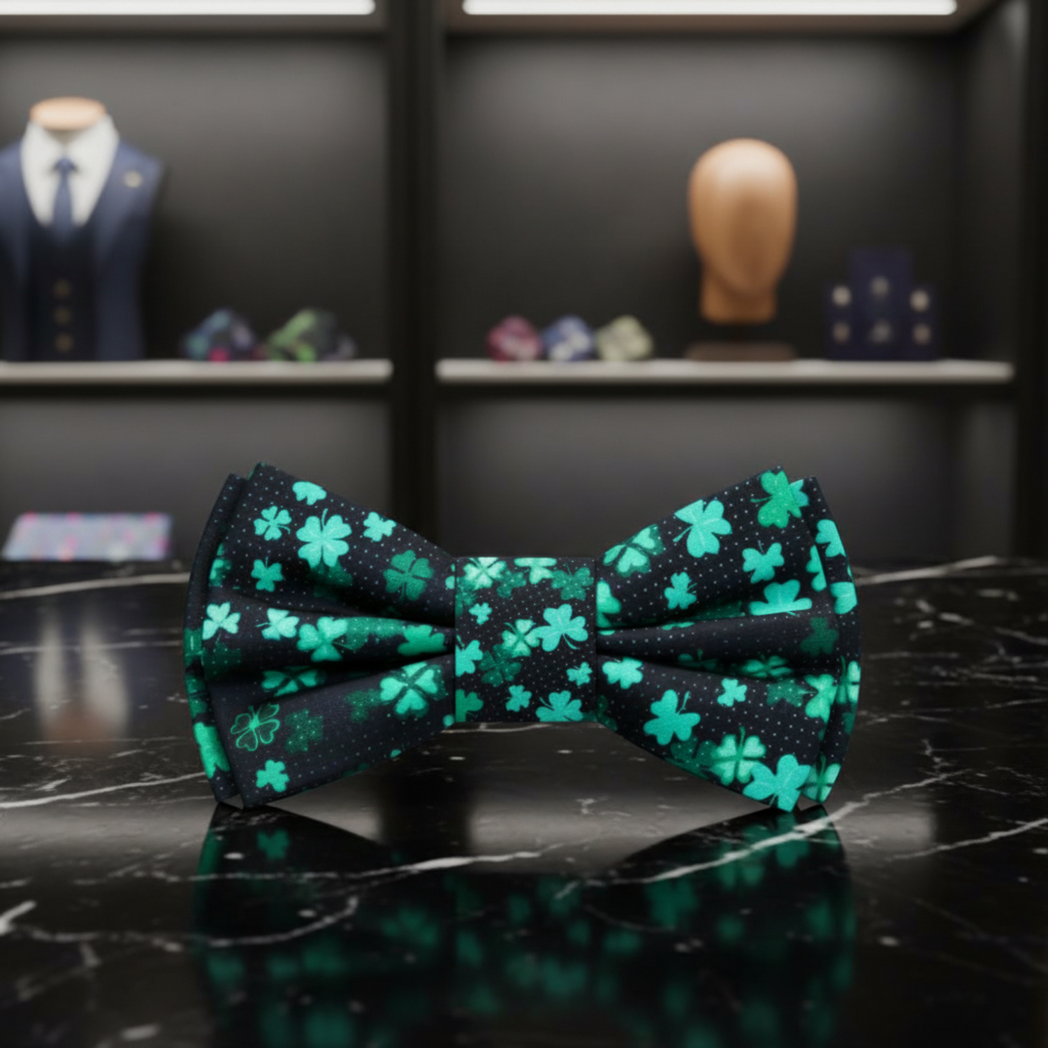 Black and Green Four Leaf Clovers Bow Tie Pre Tied