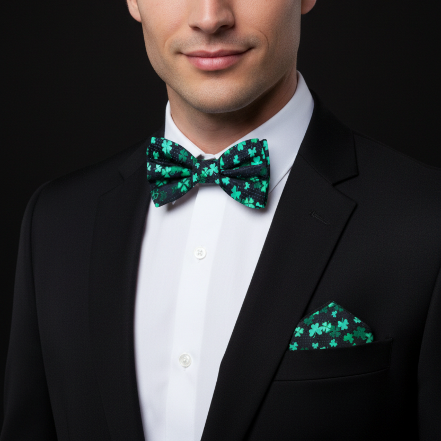 Black and Green Four Leaf Clovers Bow Tie and Square