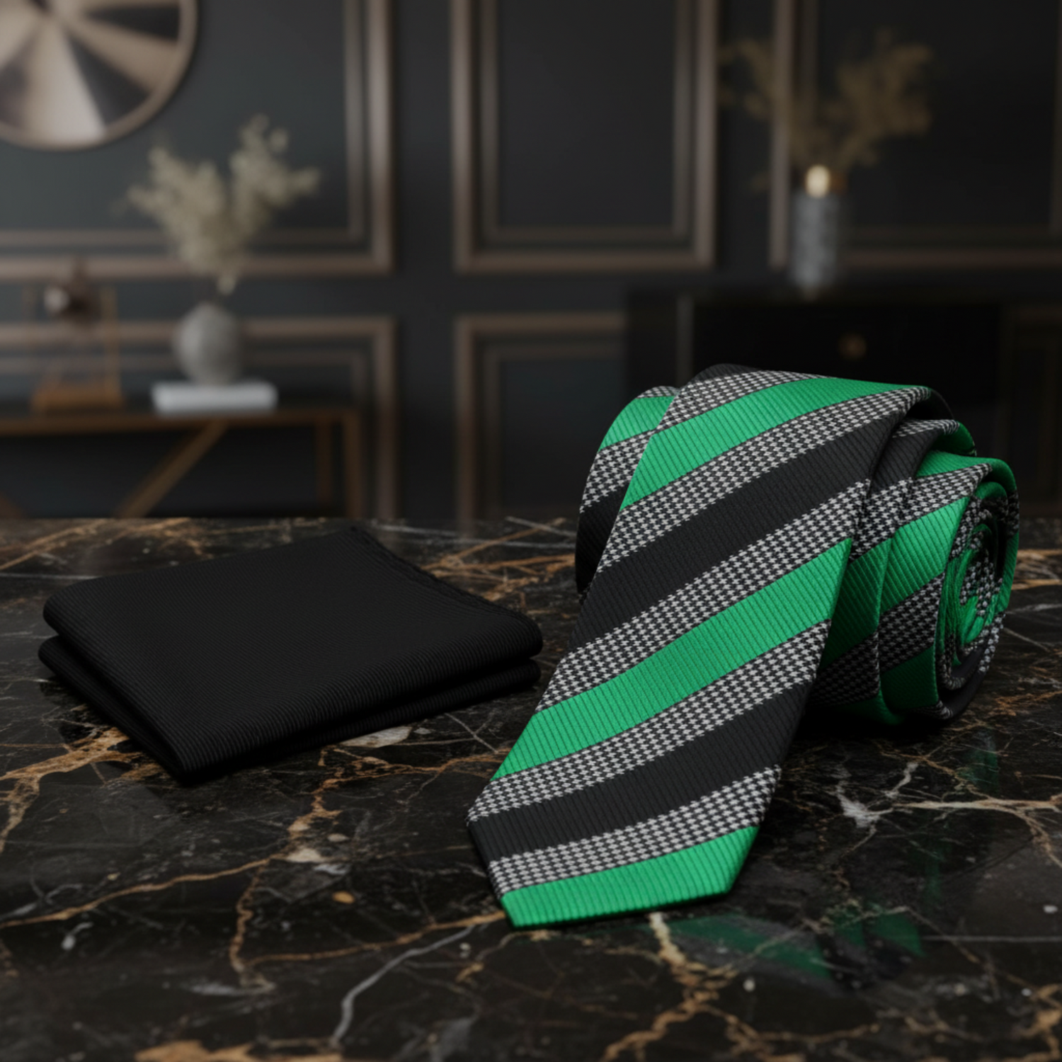 Alt VIew: Black, Green Stripe With Houndstooth Tie and Black Square