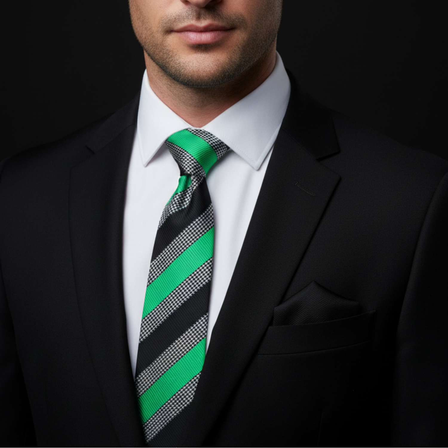 Black, Green, and Grey Stripe & Houndstooth Necktie