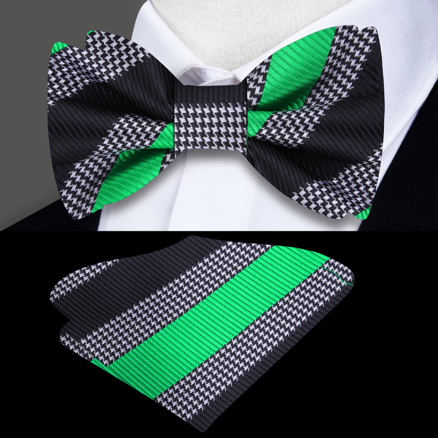 A Green, Black Color Stripe Pattern Bow Tie, Pocket Square||Green, Black, Grey with Hounds-tooth