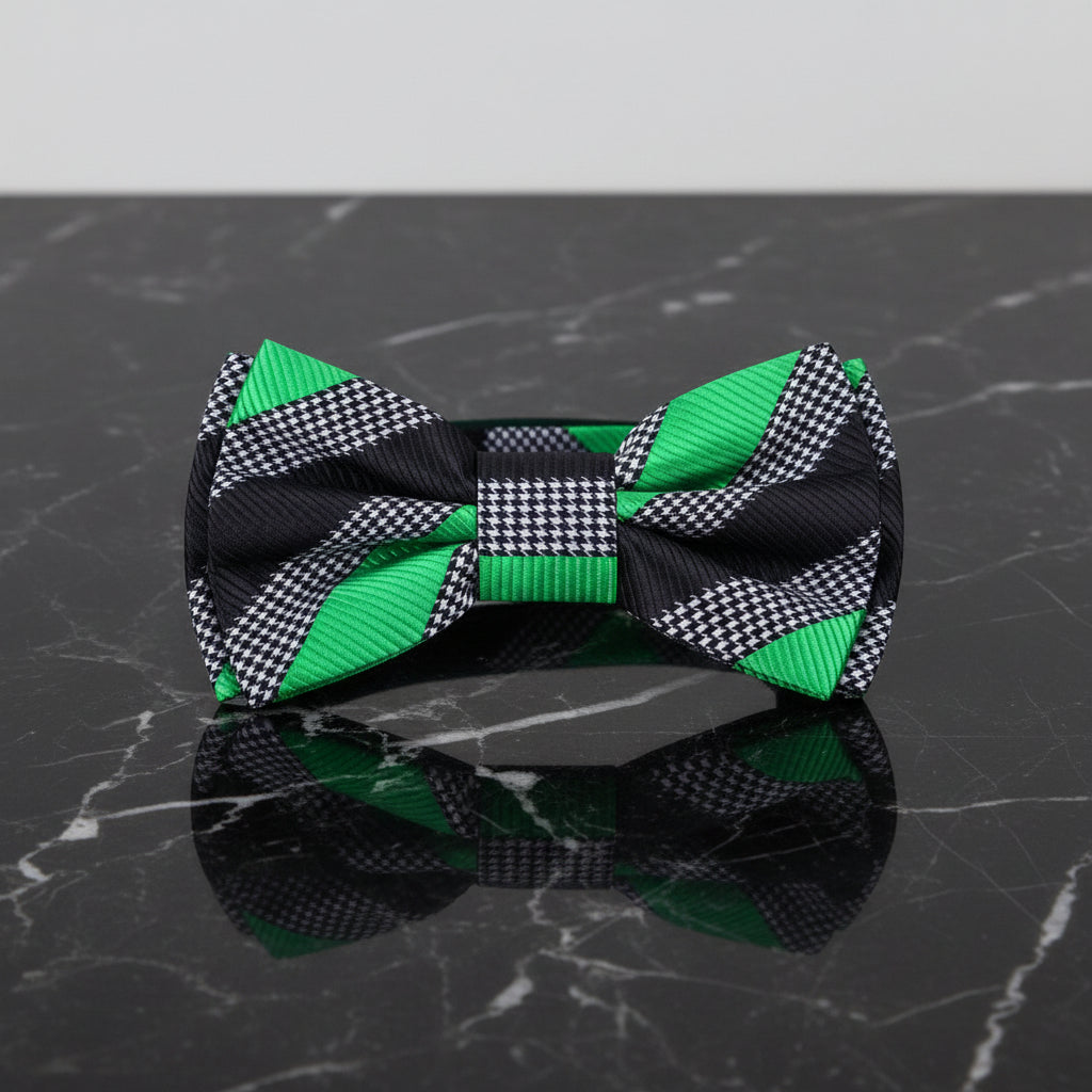 A Green, Black Color Stripe Pattern Bow Tie Pre Tied