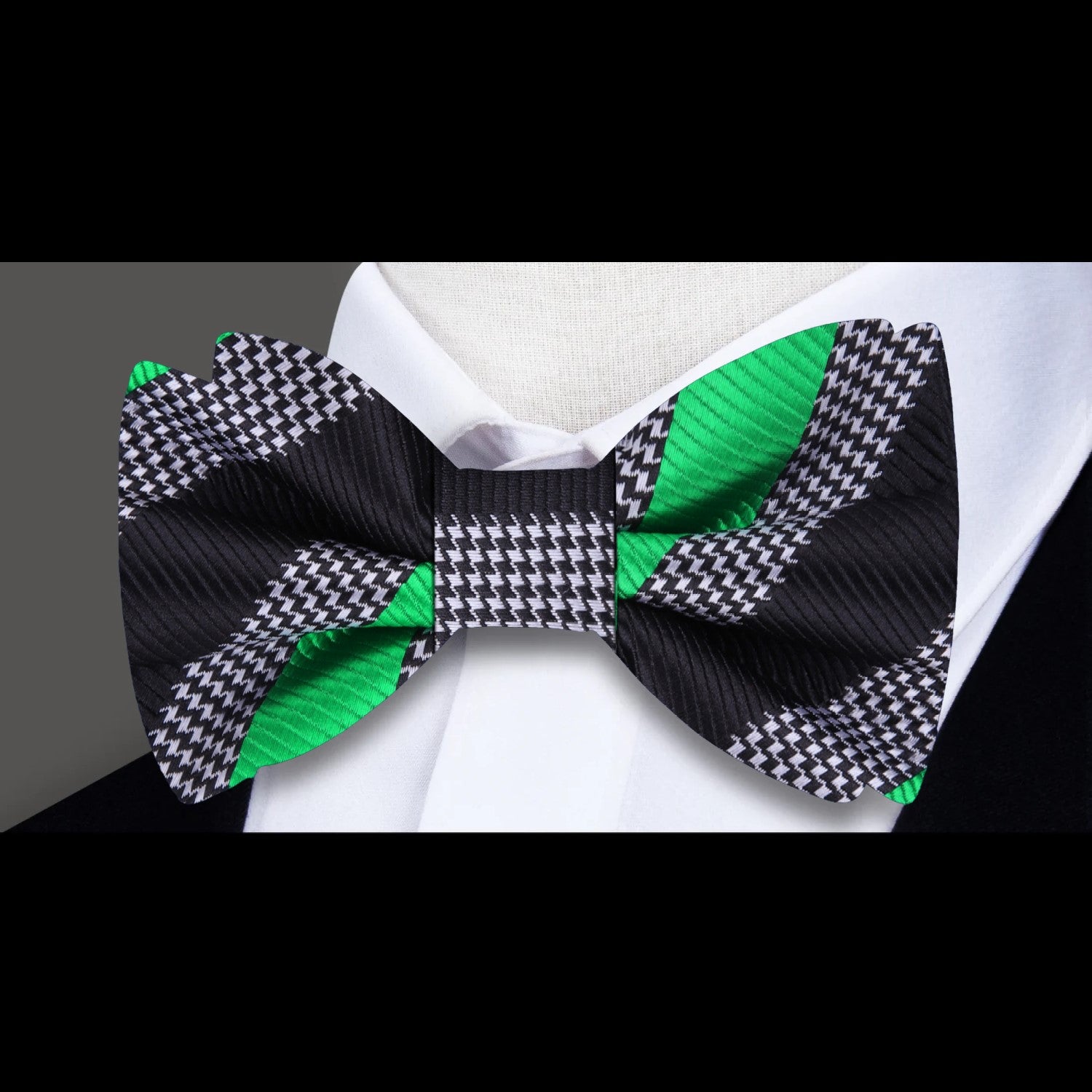 A Green, Black Color Stripe Pattern Silk Bow Tie,