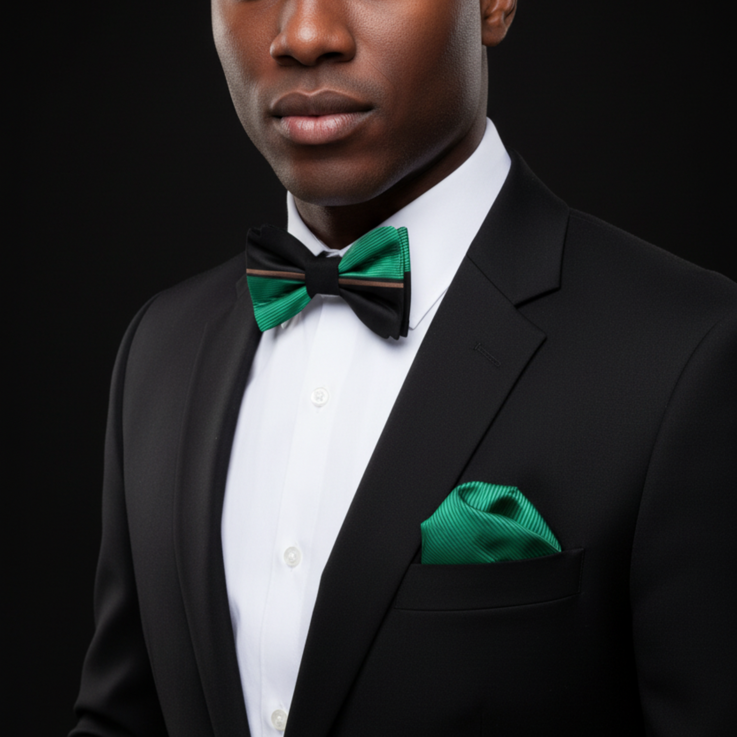 Green Black Lined Bow Tie and Square on Man