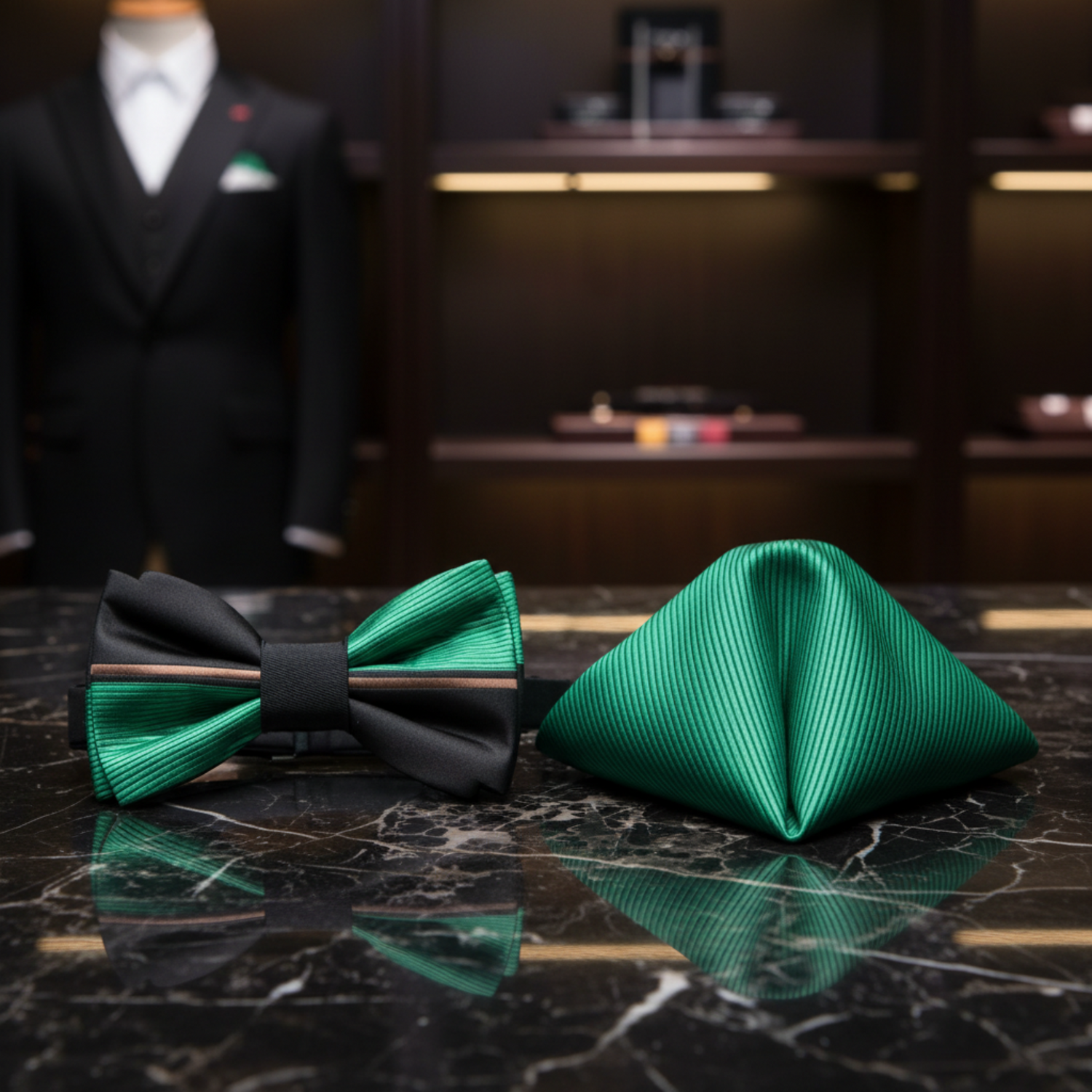 Green, Black Lined Bow Tie and Pocket Square||Green, Black