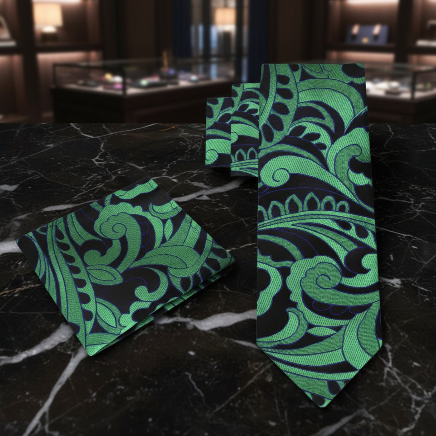 Alt Black Green Abstract Paisley Necktie and Matching Square