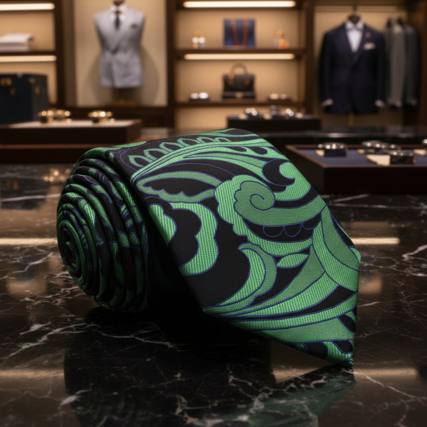 Black Green Paisley Abstract Necktie