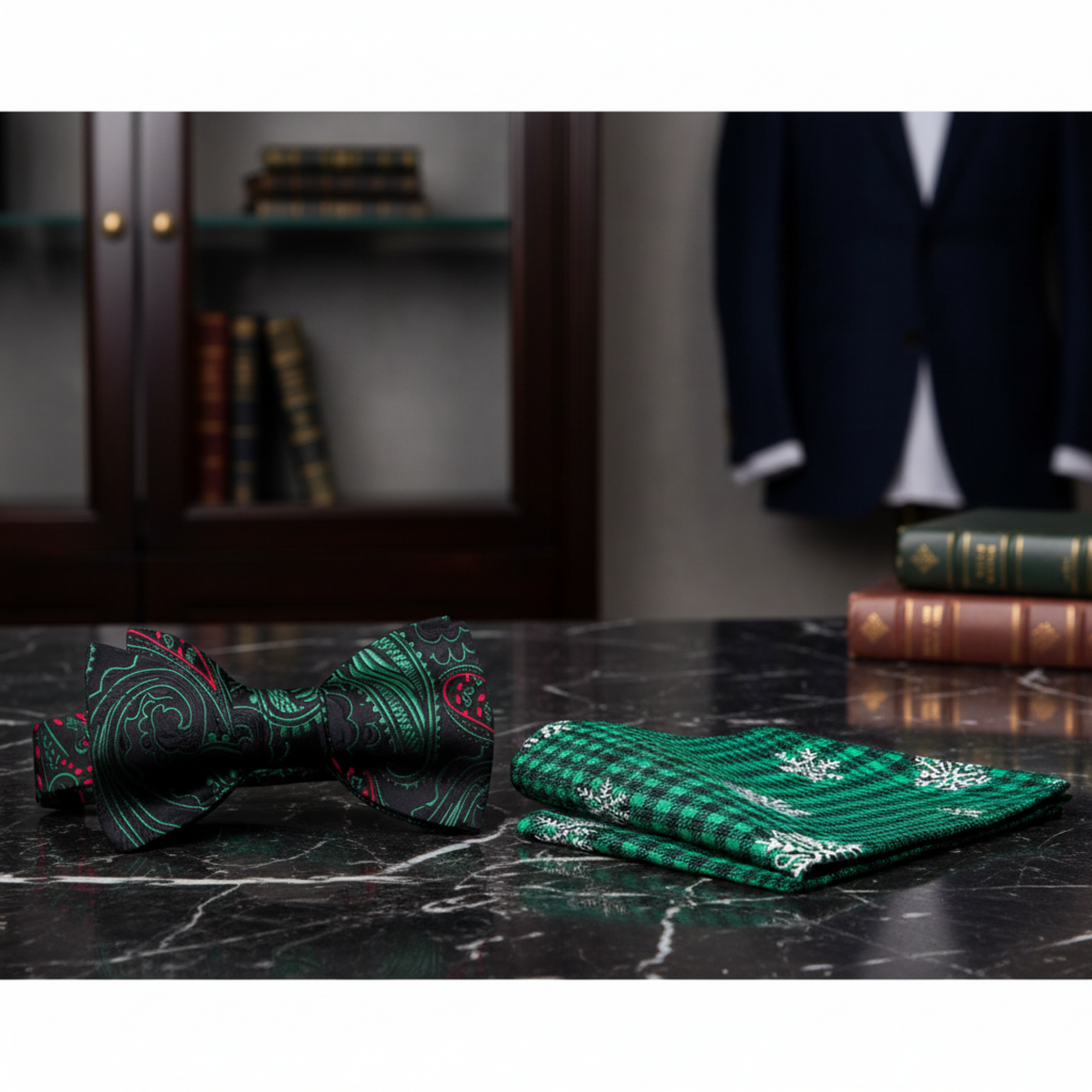 The Black Red Green Paisley Christmas Eve At Midnight Bow Tie and Accenting Square