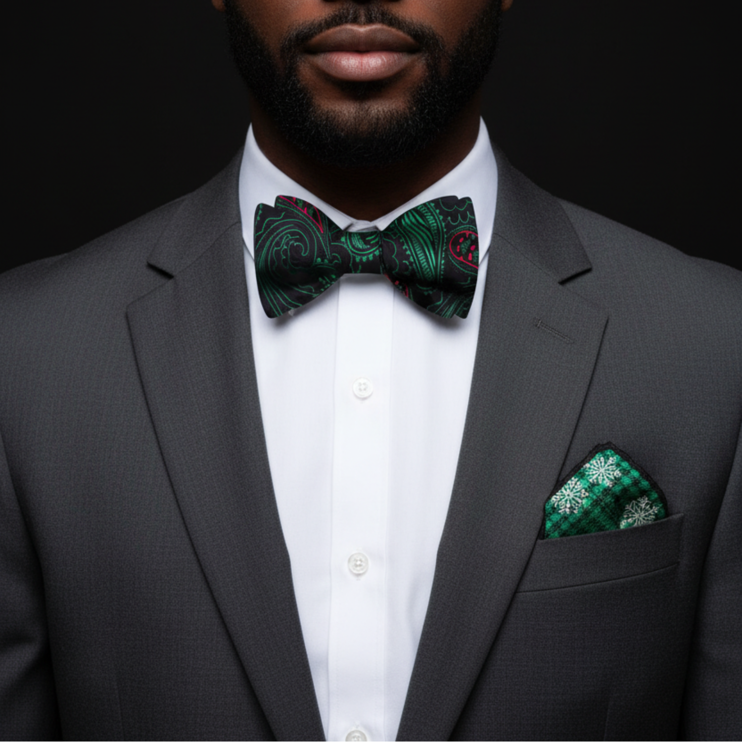 Black, Red & Green Paisley Christmas Bow Tie | Festive Elegance
