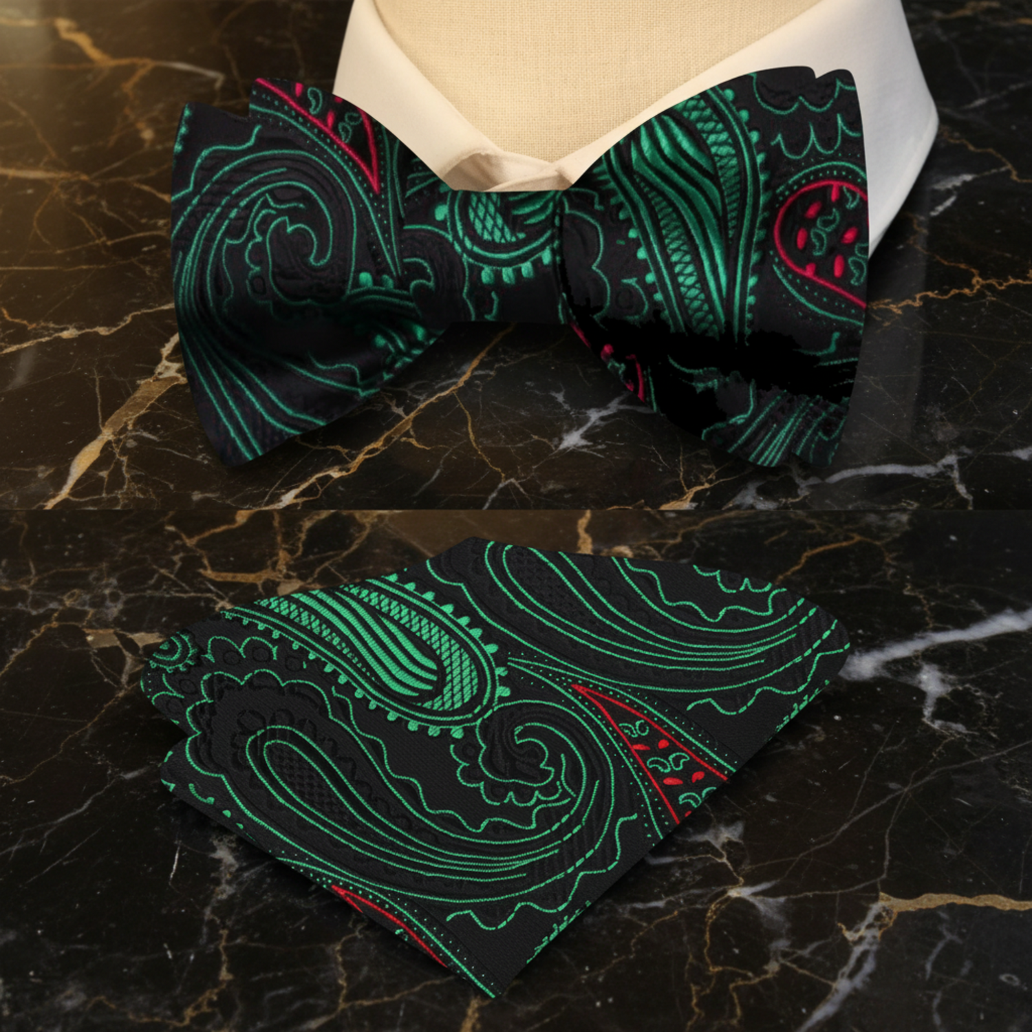 The Black Red Green Paisley Christmas Eve At Midnight Bow Tie and Square