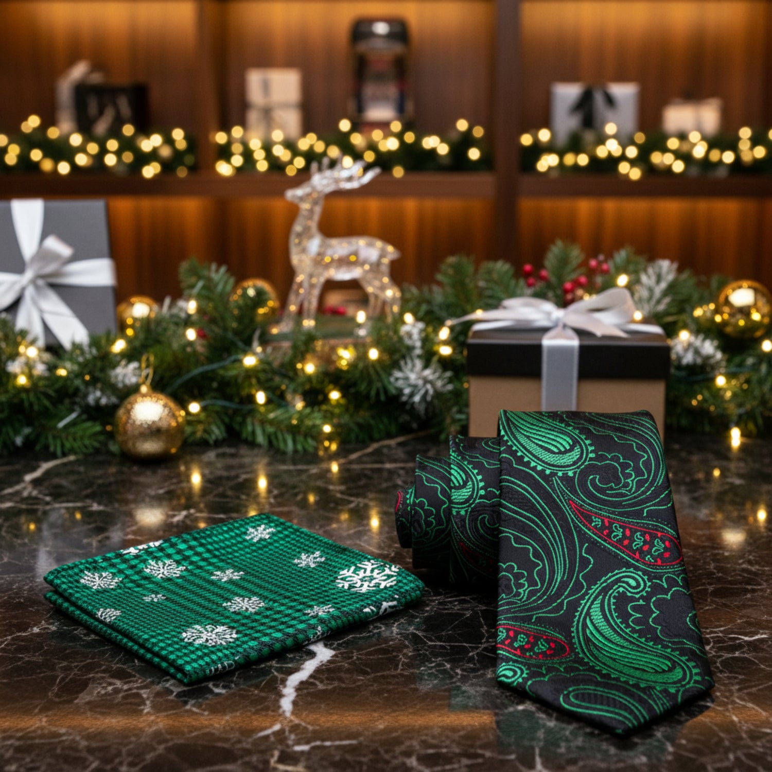 Alt View: Black Green Red Paisley Christmas At Midnight Tie and Accenting Square