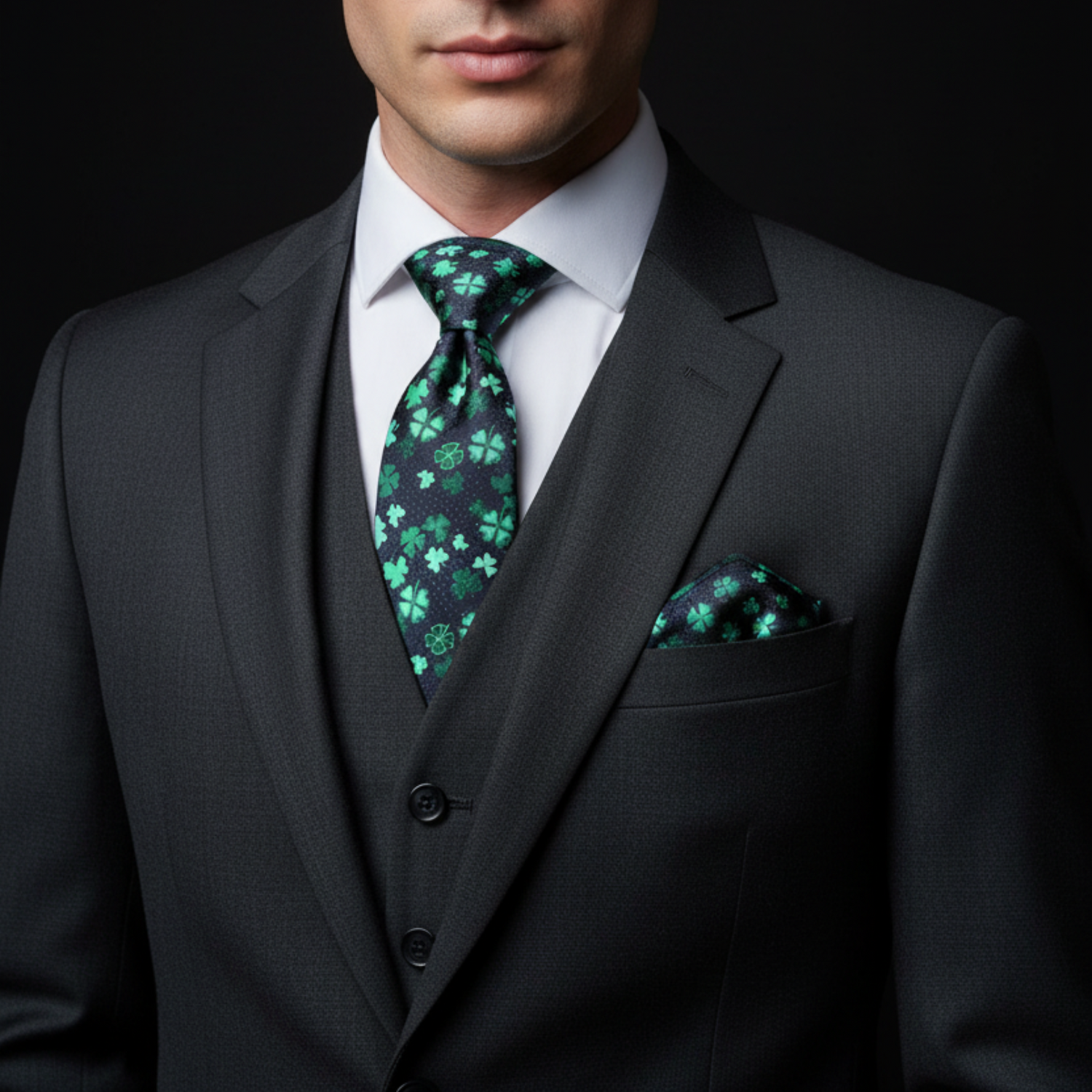 Man wearing a dark gray suit with a green patterned tie and pocket square on a black background