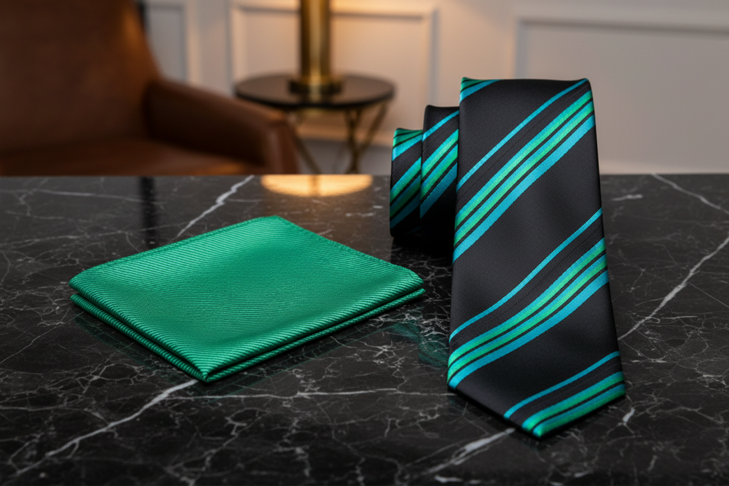 Alt View: Black, Green, Blue Stripe Tie and Green Square