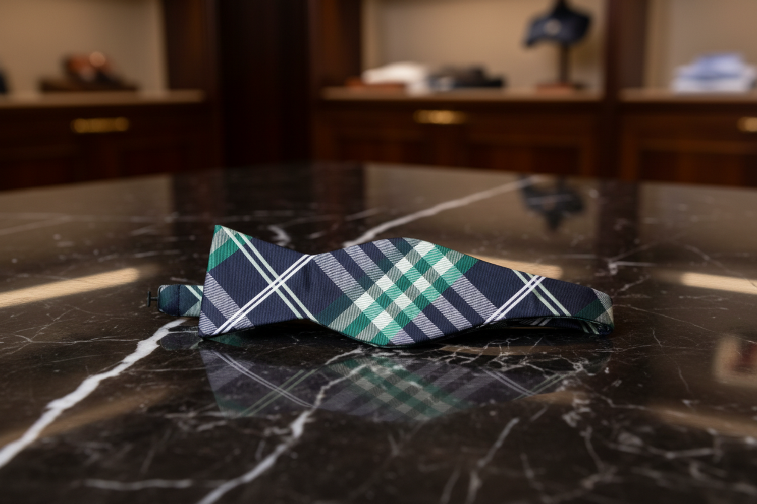 Black Green White Accomplished Plaid Self Tie Bow Tie