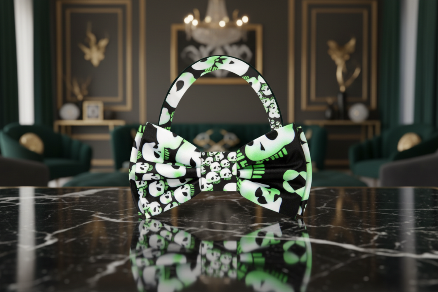 Black, Off White and Volt Green Skulls Bow Tie Pre Tied