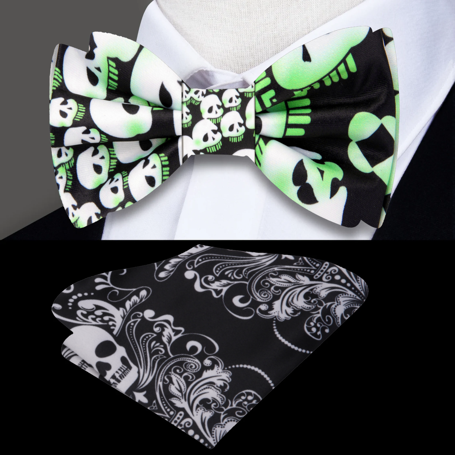 Black, Off White and Volt Green Skulls Bow Tie and Accenting Pocket Square