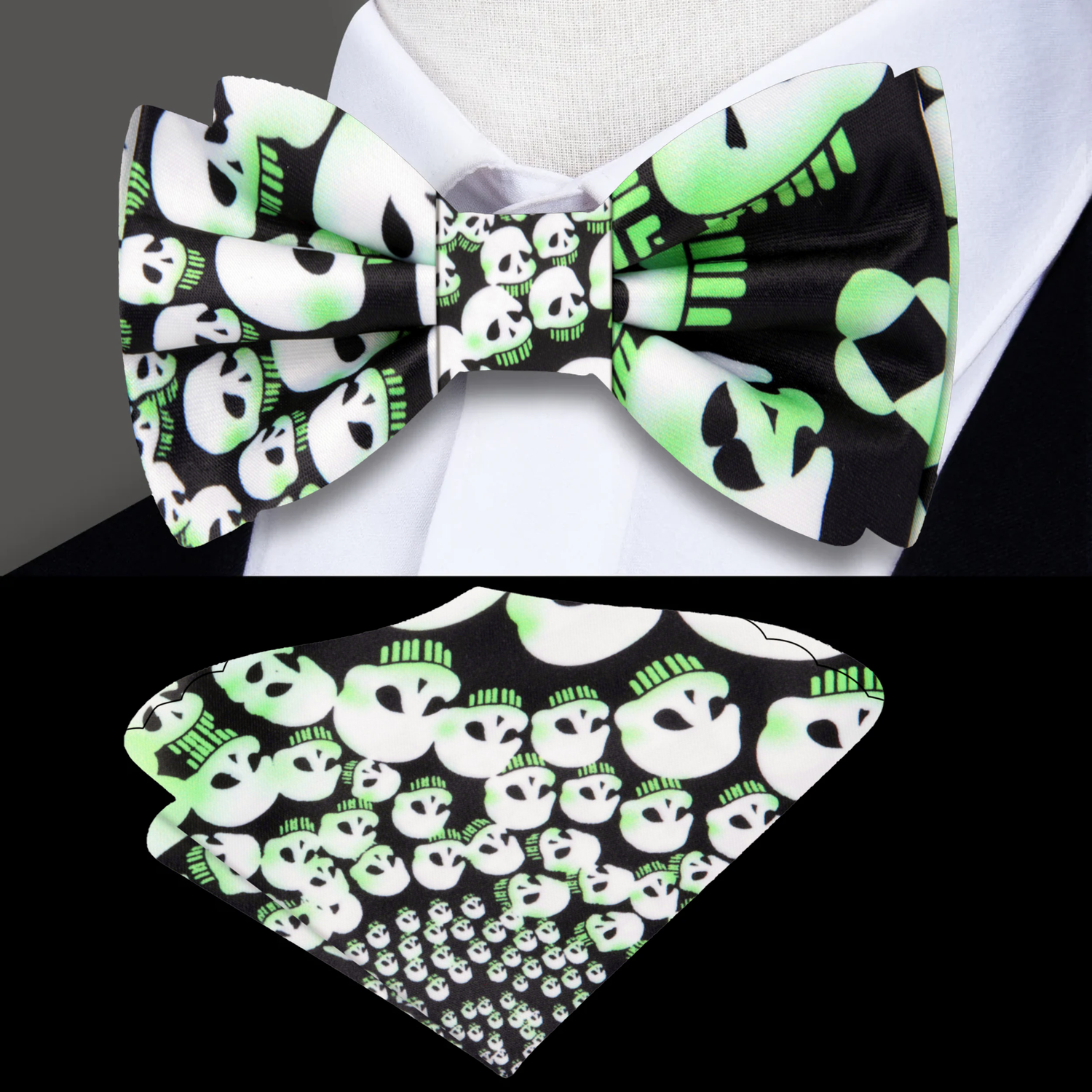 Black, Off White and Volt Green Skulls Bow Tie and Pocket Square