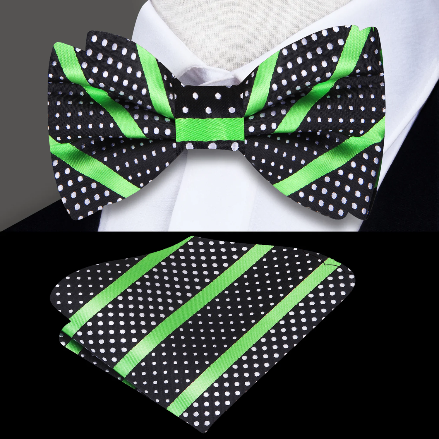 Green Black Versatile Bow Tie and Pocket Square||Electric Green, Black, White