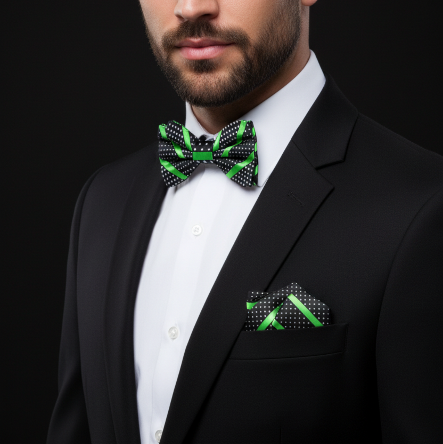 Man wearing a black suit with a green and black patterned bow tie and pocket square on a black background