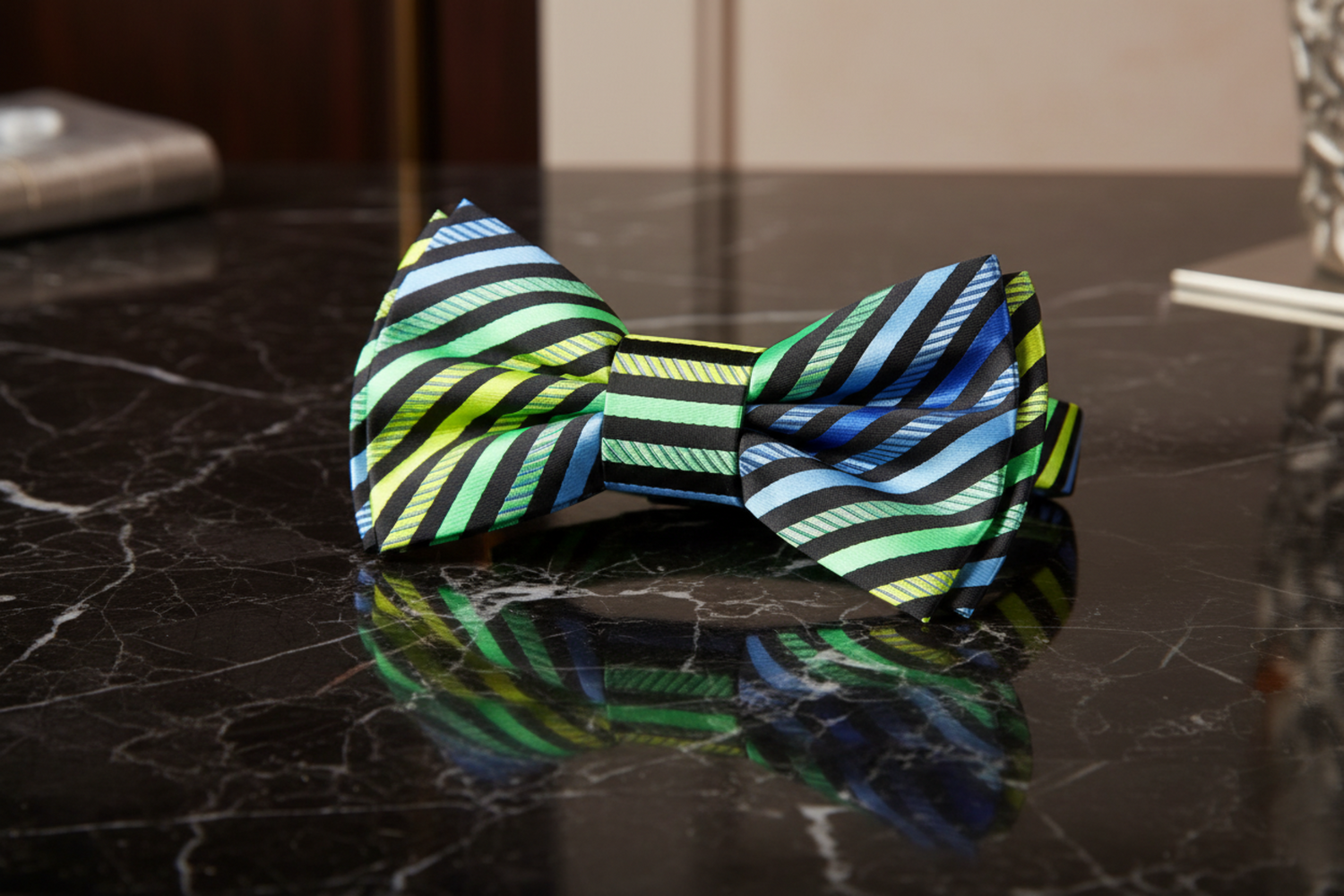 Green Blue Yellow Stripe Bow Tie Pre Tied